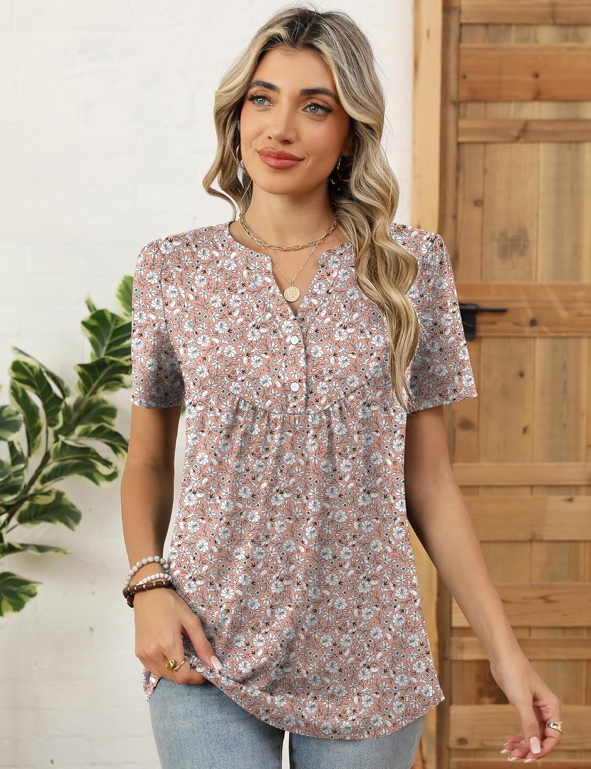 LOMON Womens Short Sleeve Tops Henley V-Neck T-Shirts Casual Pleated Blouses Dressy Loose Summer Clothes 2025 S-XXL - Image 3