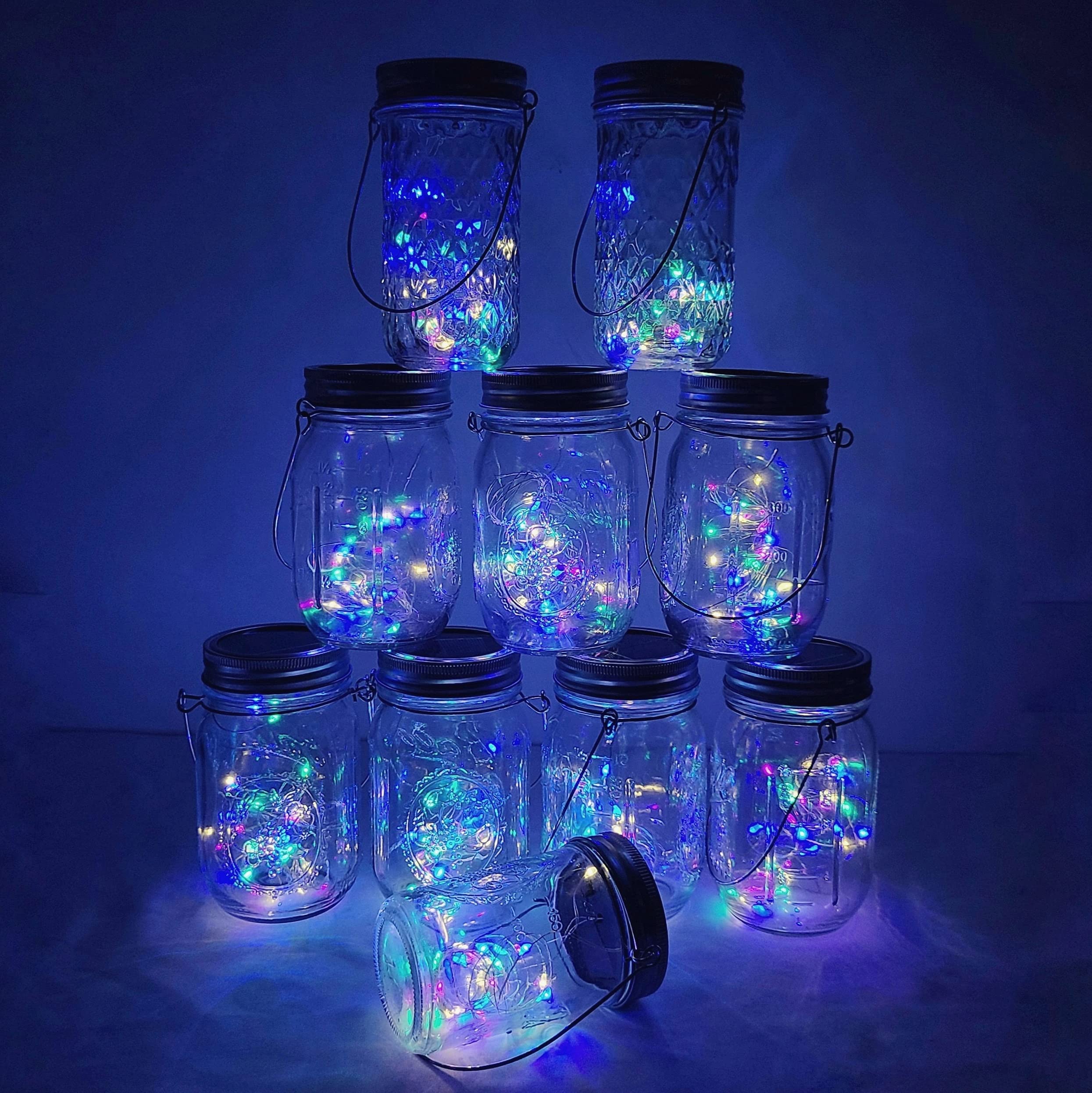 Solar Mason Jar Lights, Decorman 10 Pack 30 LED Fairy Star Firefly String Lids Lights with 10 Hangers for Patio Yard Garden Party Wedding Christmas Decoration(Jars Not Included) (10 Pack, Colorful)