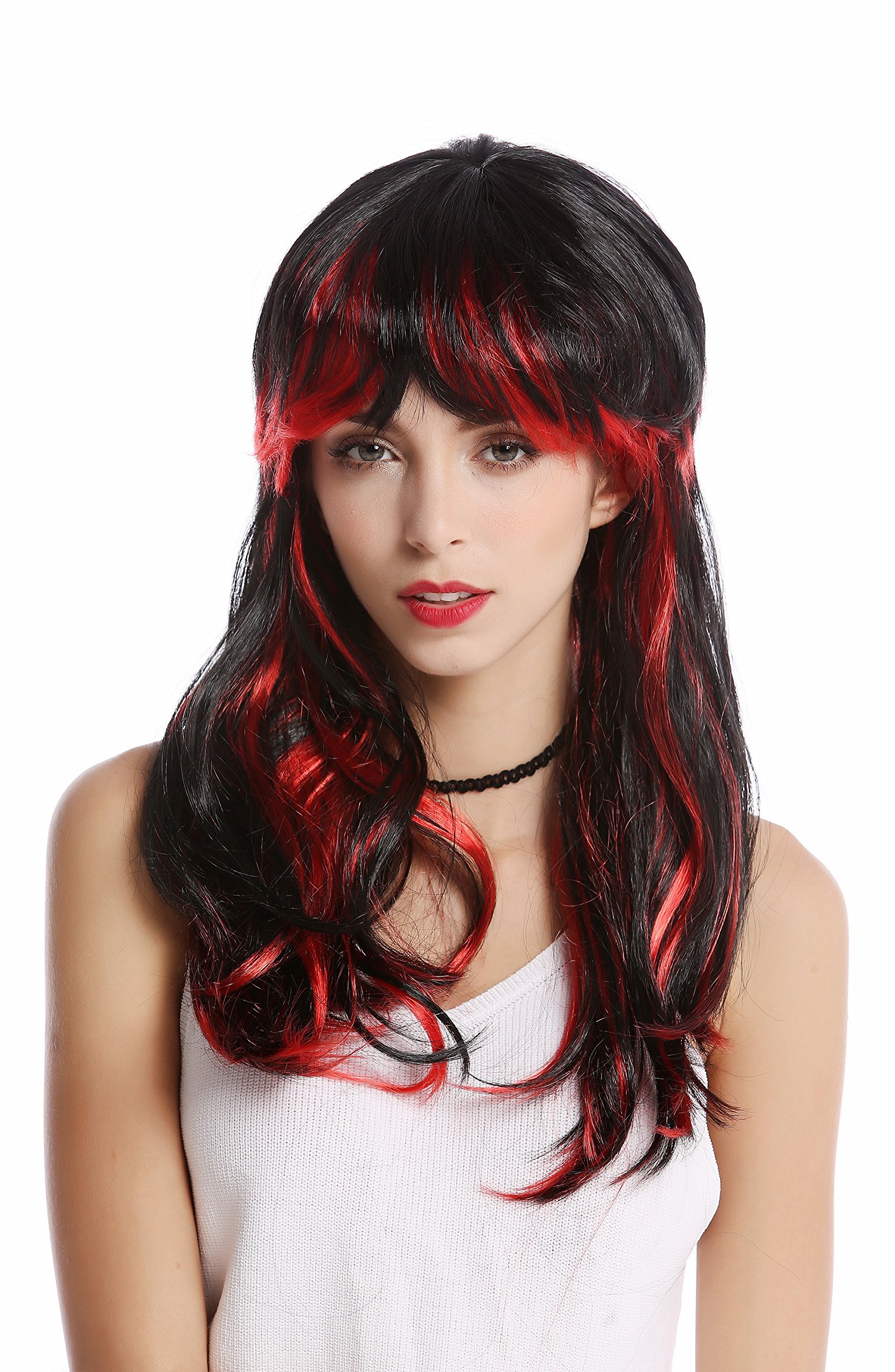 WIG ME UP Damenperücke Schwarz-rot Mit Krepplocken – Schulterlang, Geteilt, Für Karneval & Halloween