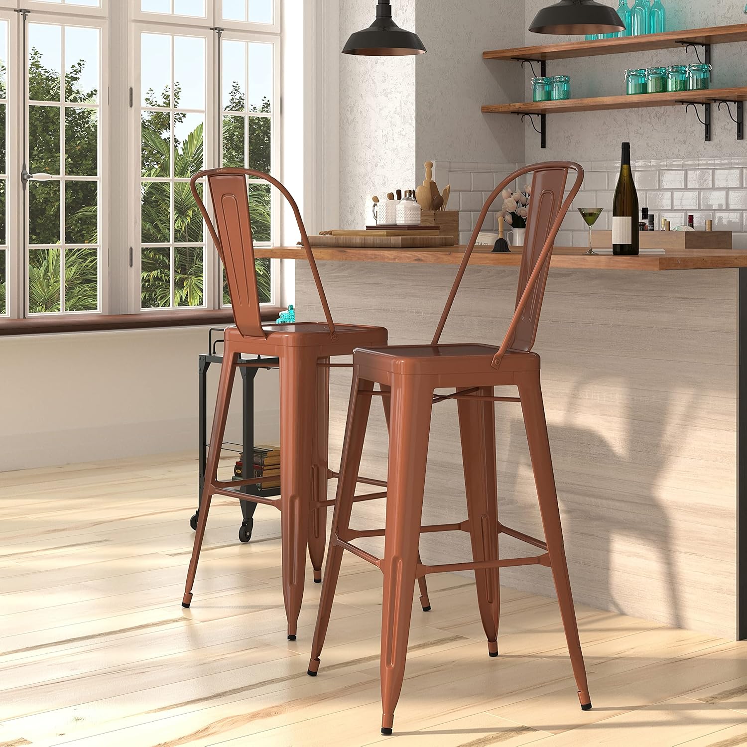Merrick Lane Stella 30" Indoor-Outdoor Barstool - Metal Stool with Copper Finish - Vertical Slat Back - Integrated Footrest
