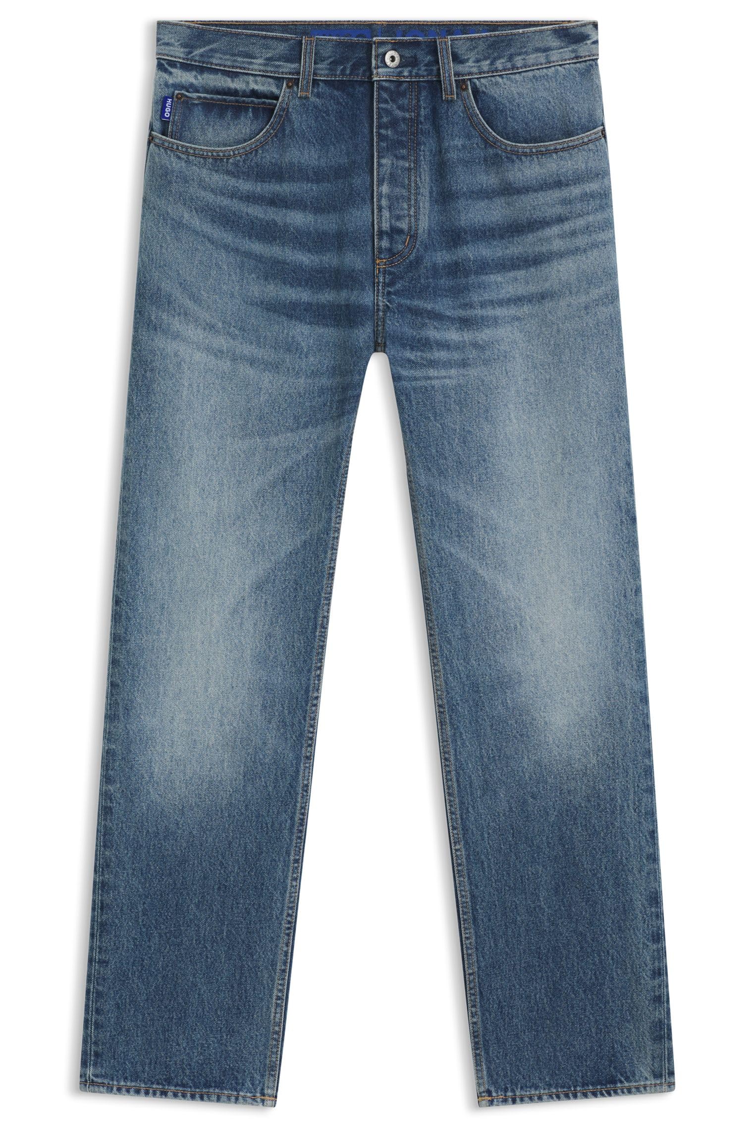 Hugo Jonah Men's Regular Fit Jeans in Medium Blue Stone-Washed Cotton Denim, 424 Medium Blue, 36 W/34 L