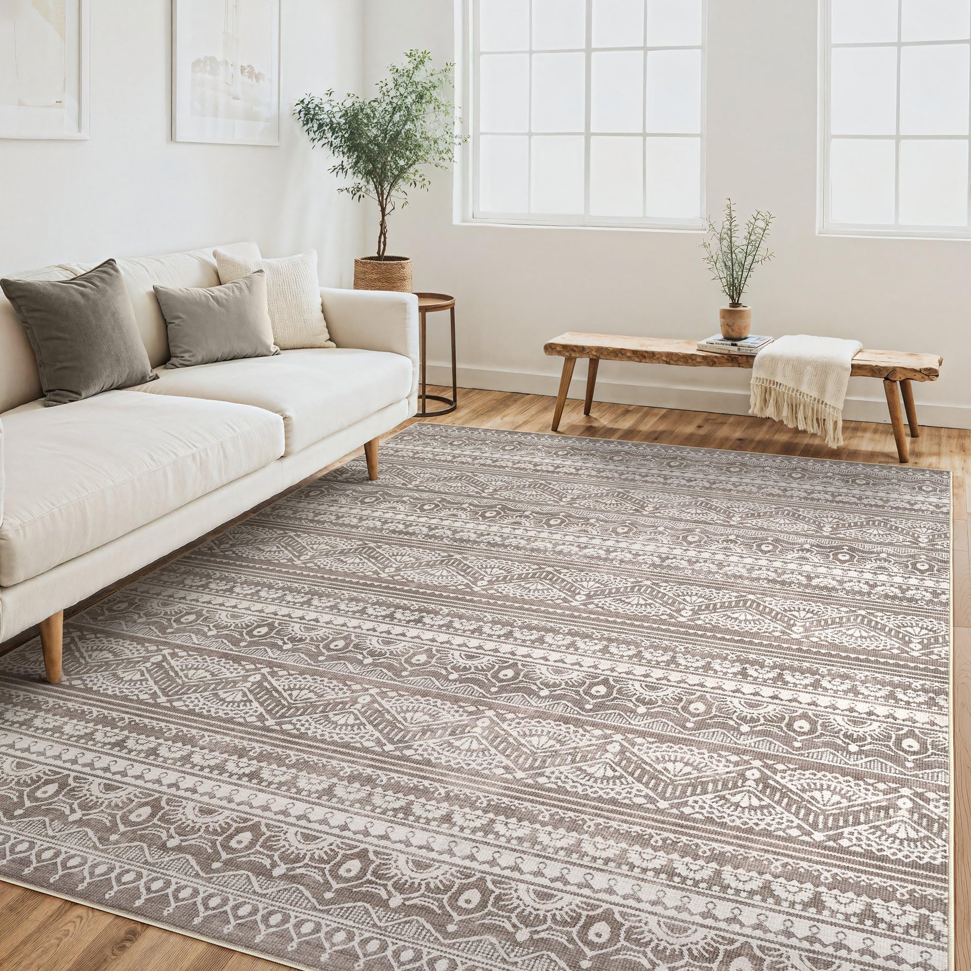 Tortania Area Rug Living Room Rugs - 5x7 Washable Large Soft Neutral Boho Moroccan Bohemian Farmhouse Rug Indoor Floor Carpet for Bedroom Under Dining