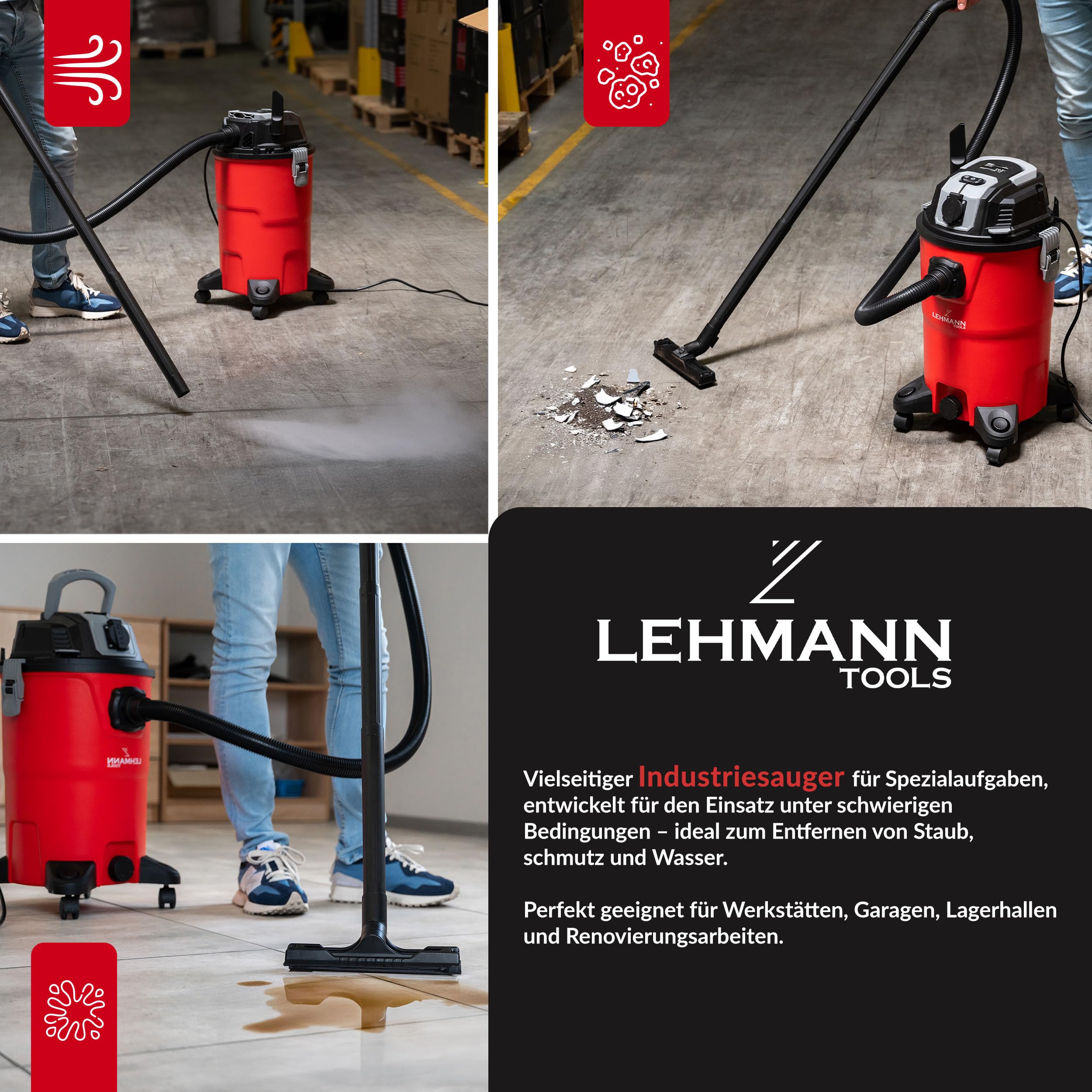 LEHMANN Industriestaubsauger mit Steckdose 2000 W, 30 L Nass Trockensauger ohne Beutel, HEPA-Filter, Schaumfilter & Filterrüttler, Blasfunktion, Werkstattsauger für Werkstatt und Baustelle, Rot