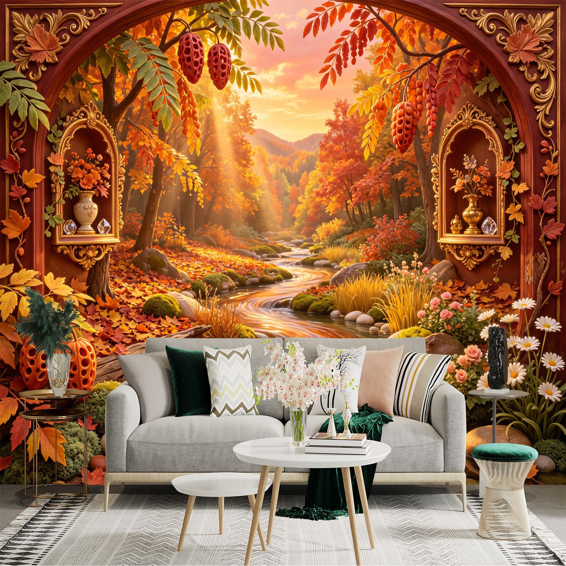 Lnzczhyre Bh260719469 Custom Size Wall Sticker Mural， Autumnal Landscape With Serene Stream， Vibrant Fall Foliage， Golden Sunlight， Ornate Decorative Arches， For Wall Decoration， Peelandstick Wall Decals.
