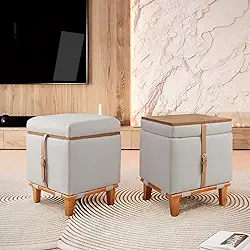 Puff Quadrado flex baú Linho Soft Madeira maciça Assento e mesa de centro