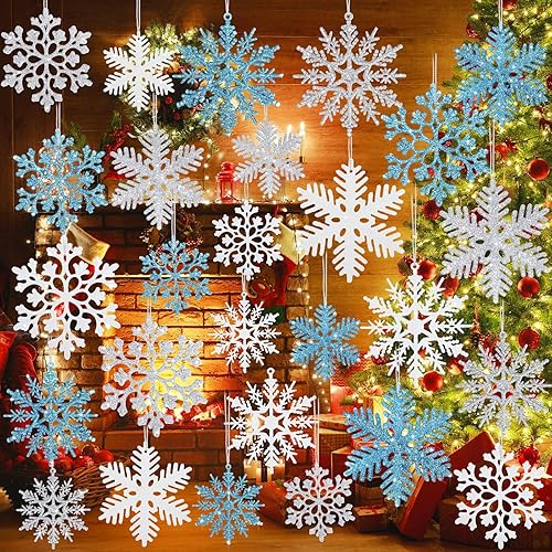 108 adornos de plástico con purpurina para árbol de Navidad, decoraciones de copo de nieve colgantes, adornos colgantes de Navidad con cuerda