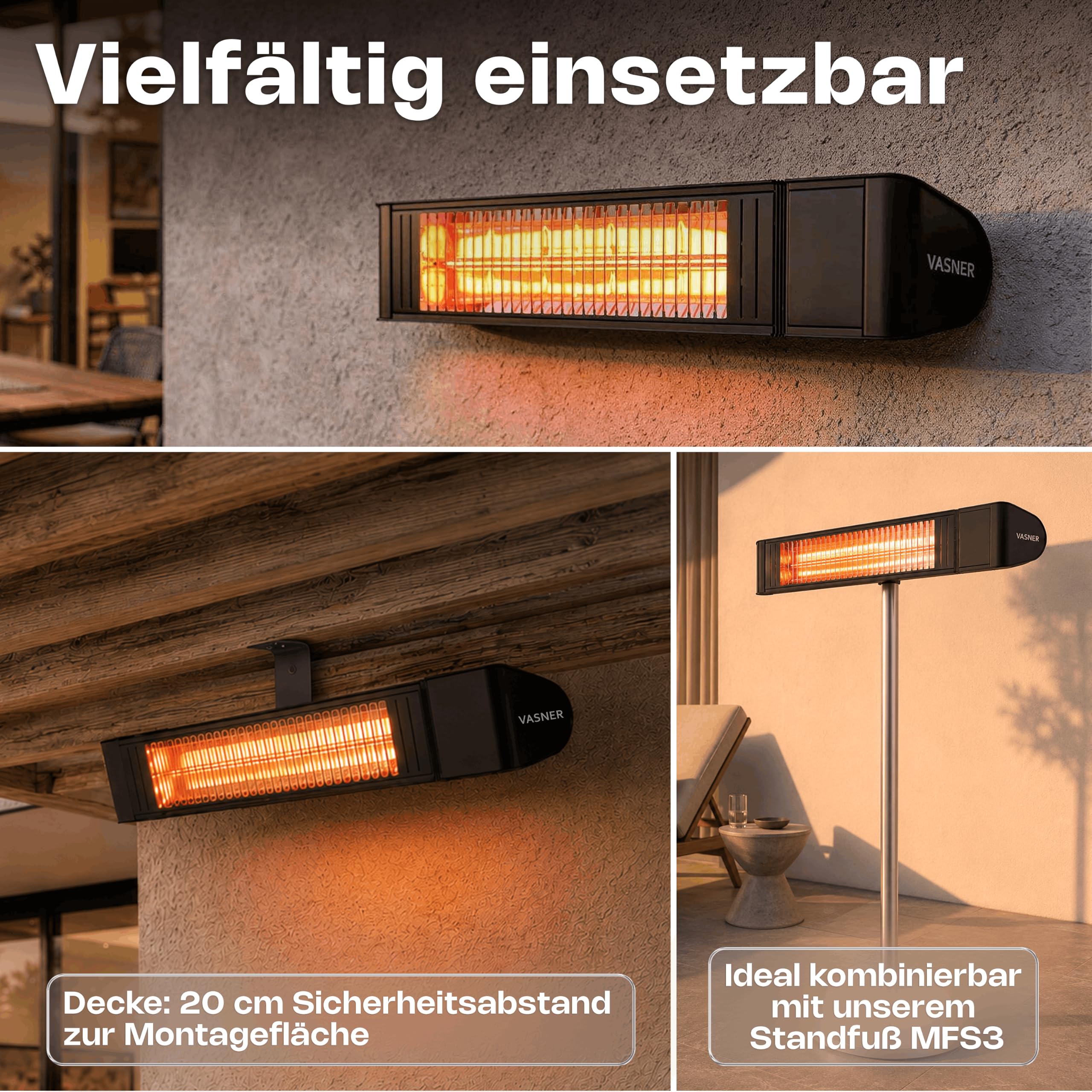 Infrarot Heizstrahler Outdoor - Terrasse Elektrisch - Decke - Fernbedienung | VASNER Infrarot Heizstrahler Terrasse - Decken- & Wandmontage hängend - elektrisch 2000 Watt - 6 Heizstufen - Schwarz IP65