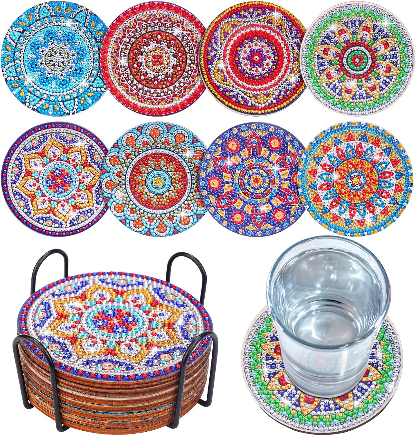 8 Pcs Coasters with Holder, Mandala DIY Diamond Art Crafts for Adults, Small Diamond Painting Kits Accessories