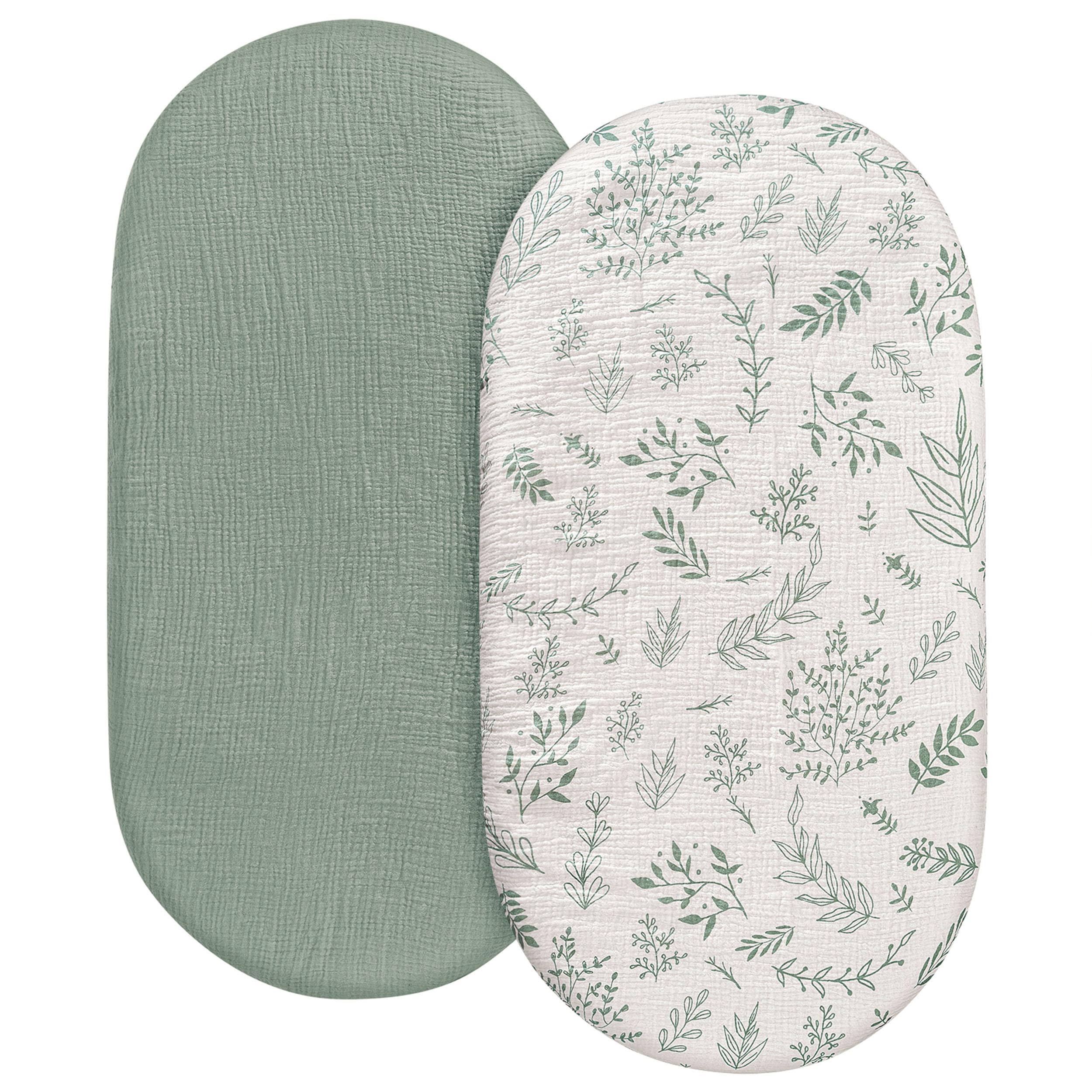 Muslin Bassinet Fitted Sheets, 2 Pack for Baby Boy and Girl, Soft Breathable Stretchy Baby Pad/Mattress Sheet Set, Universal Fit for Hourglass Oval and Rectangle Bassinet Mattress (Bright Leaves)