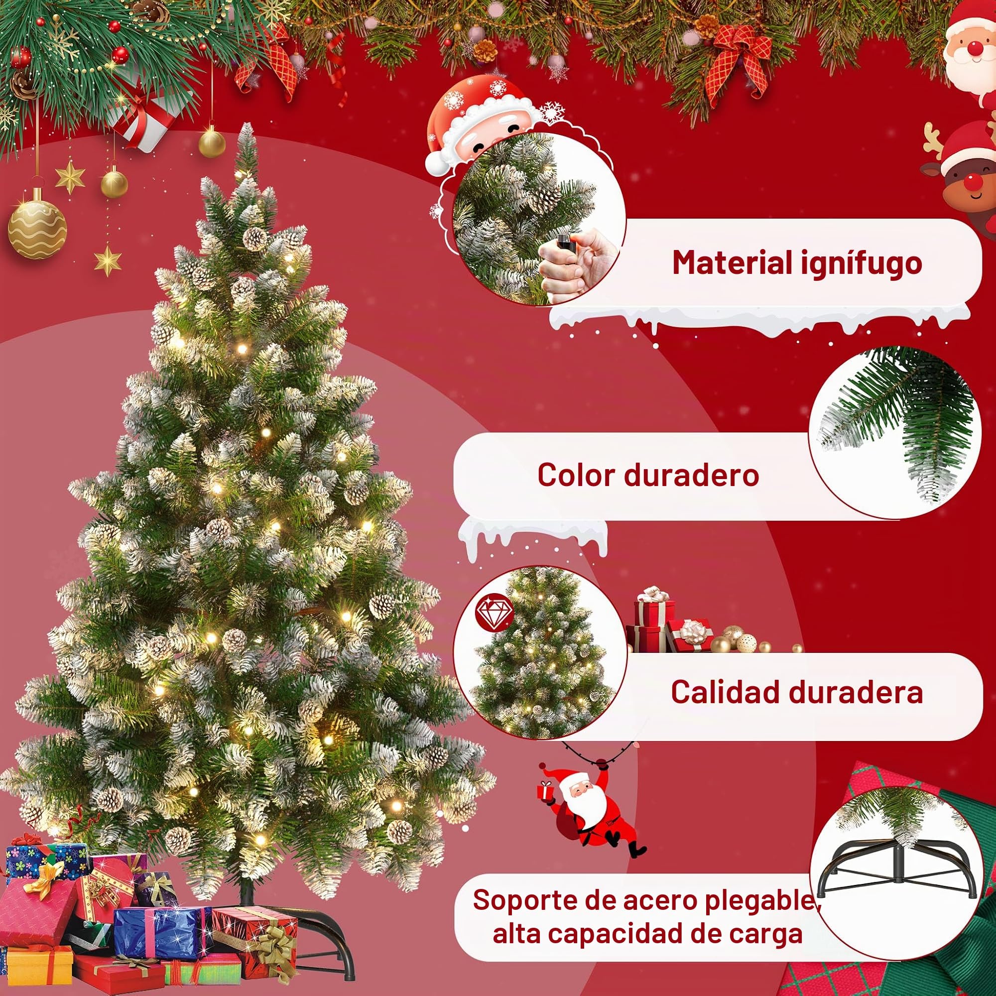 Aufun Árbol de Navidad Artificial con iluminación, árbol de Navidad Artificial de 180 cm con Nieve y piñas, Abeto Noble, Montaje rápido, Incluye Soporte para árbol de Navidad