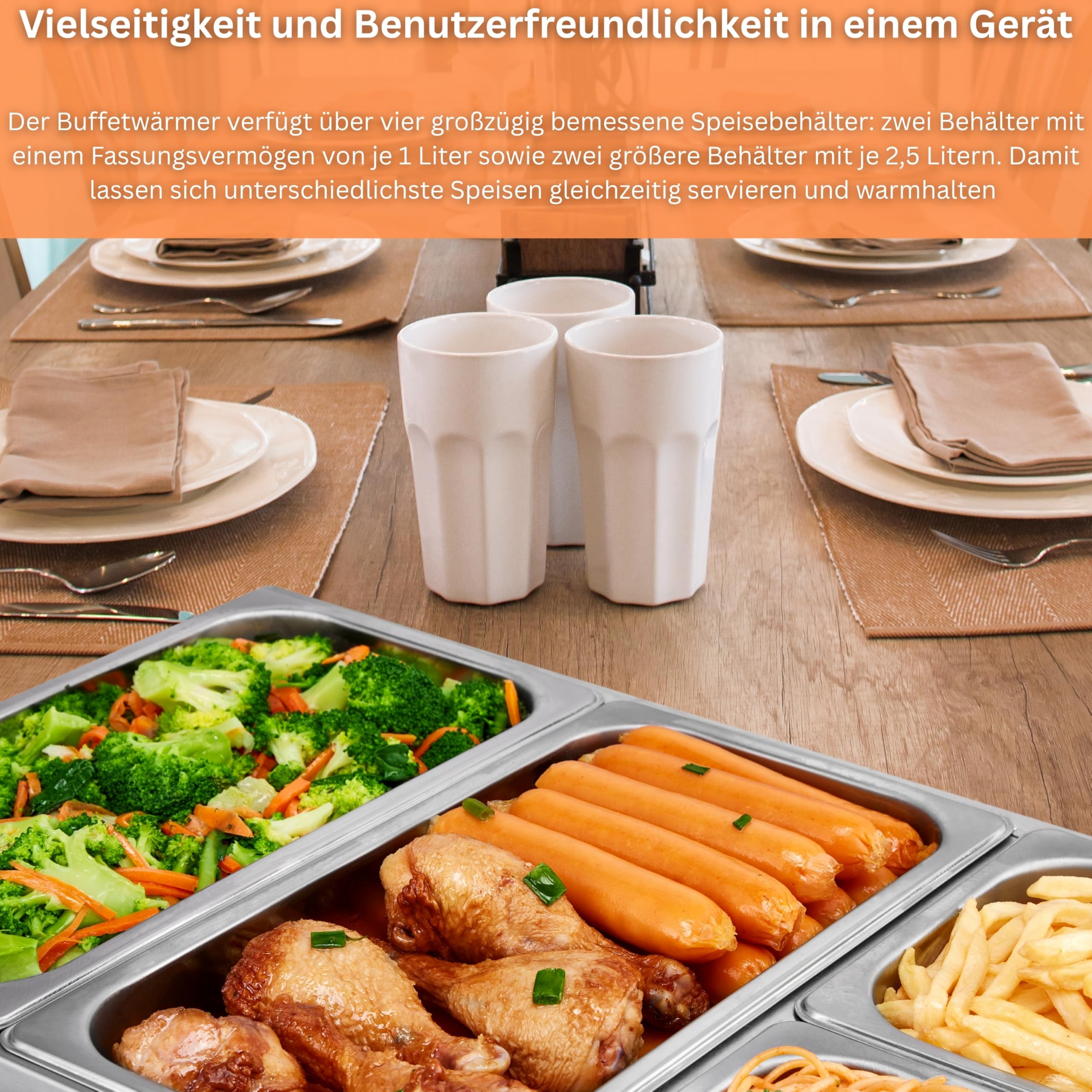 Buffetwärmer Warmhalteplatte 300 Watt 4 Speisebehälter Chafing Dishes