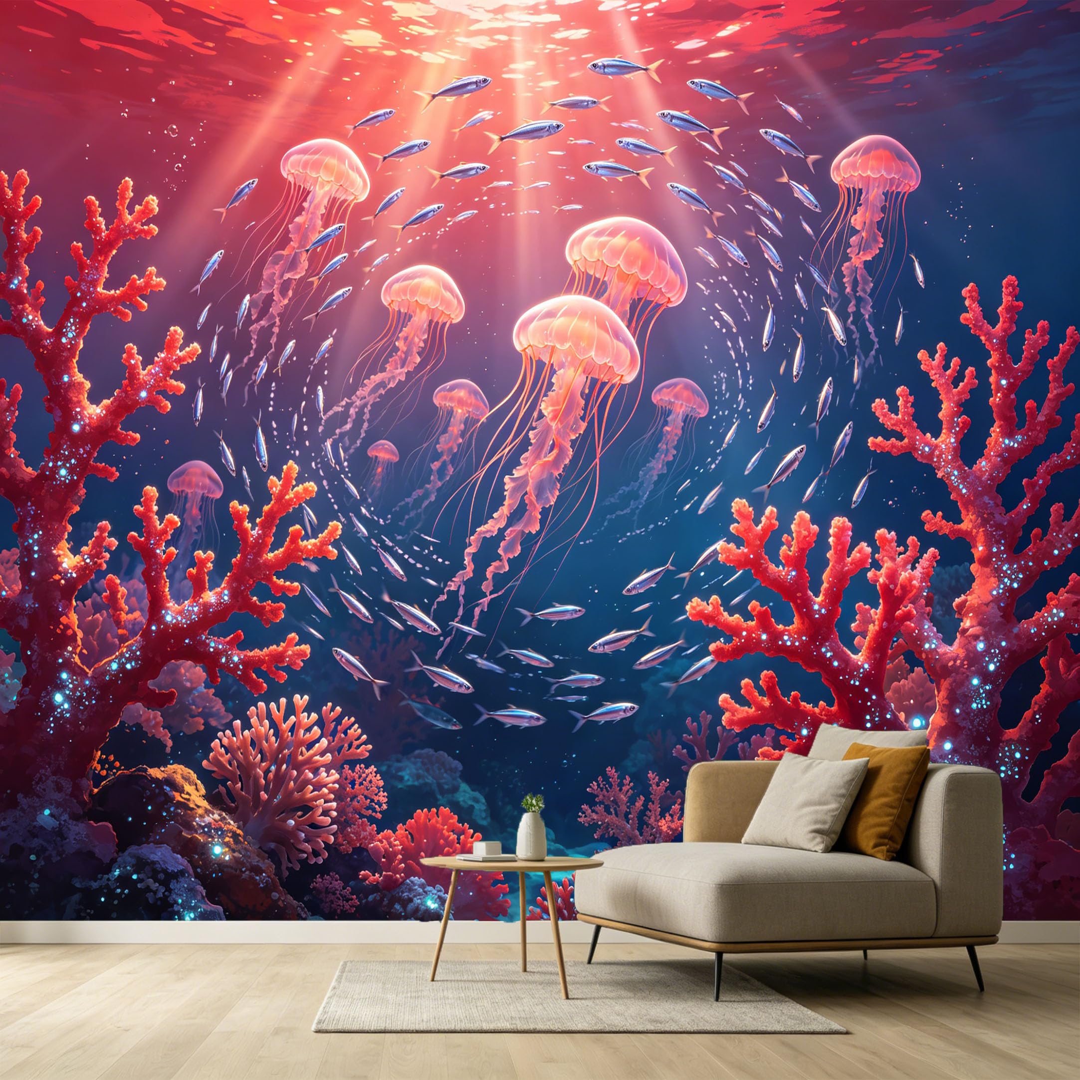 Custom Size Wall Murals Deep Sea Ocean Marine Jellyfish School of Fish Watercolor SelfAdhesive Wall Fabric Removable Large Wallpaper for Photo Living Room
