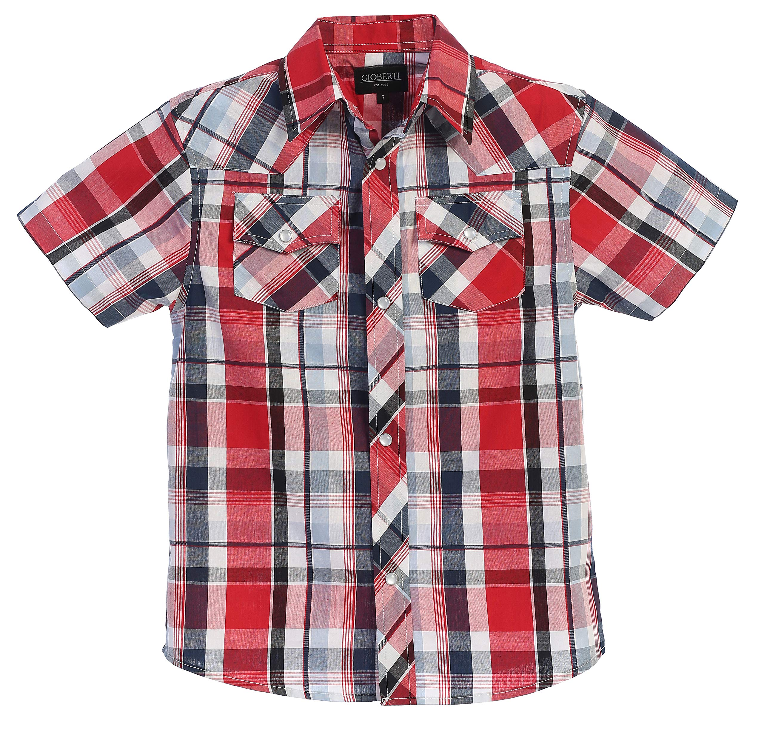 Boys Casual Western Plaid Pearl Snap-on Buttons Short Sleeve Shirt