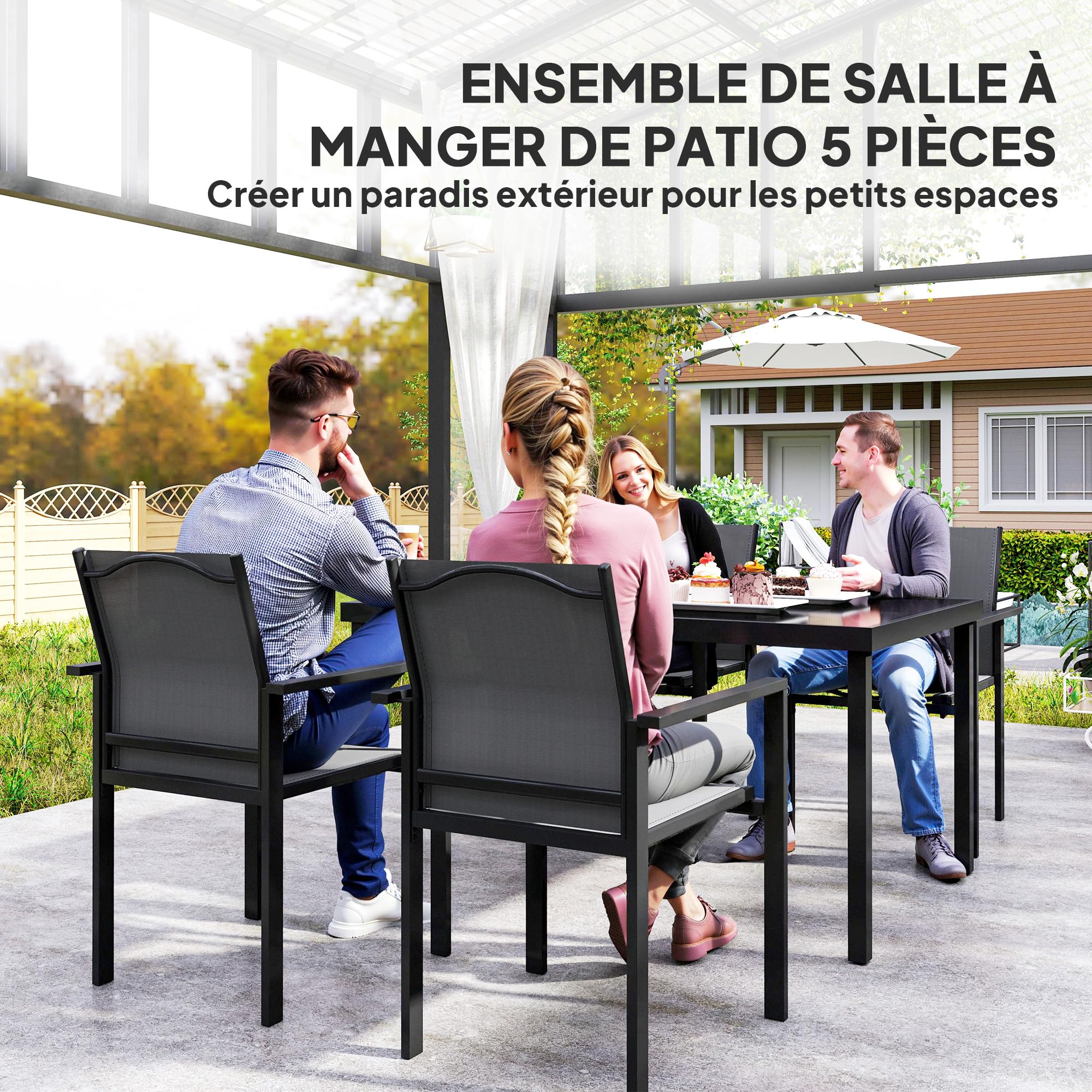Outsunny Salon de Jardin extérieur 4 Personnes, Table de Jardin extérieure avec 4 chaises empilables, Plateau en Verre trempé 140 cm, mobilier de Jardin, terrasse, Porche, Noir