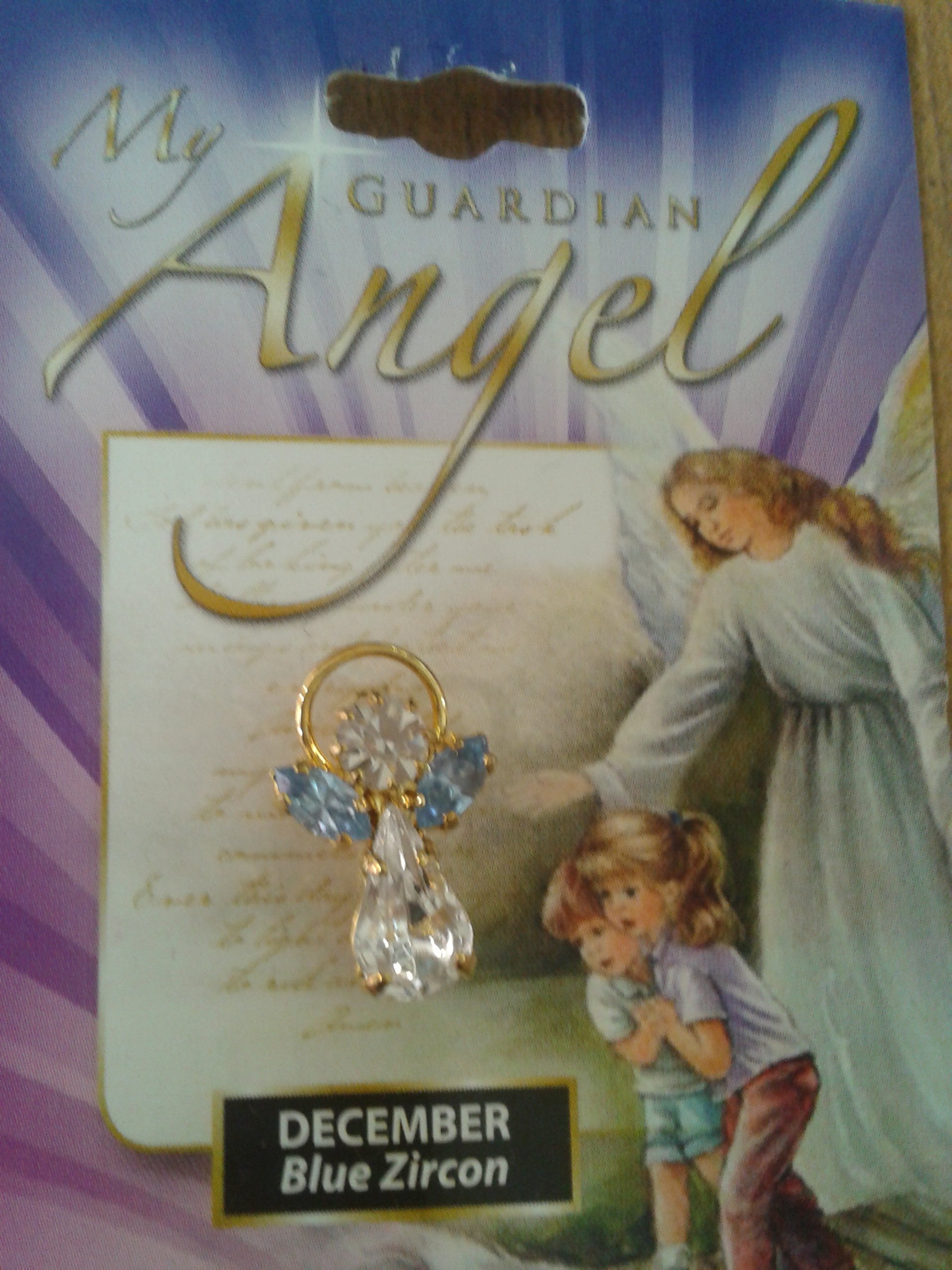 Loving Jesus Blue Guardian Angel Pin Birthstone 1 1/2 December Zircon