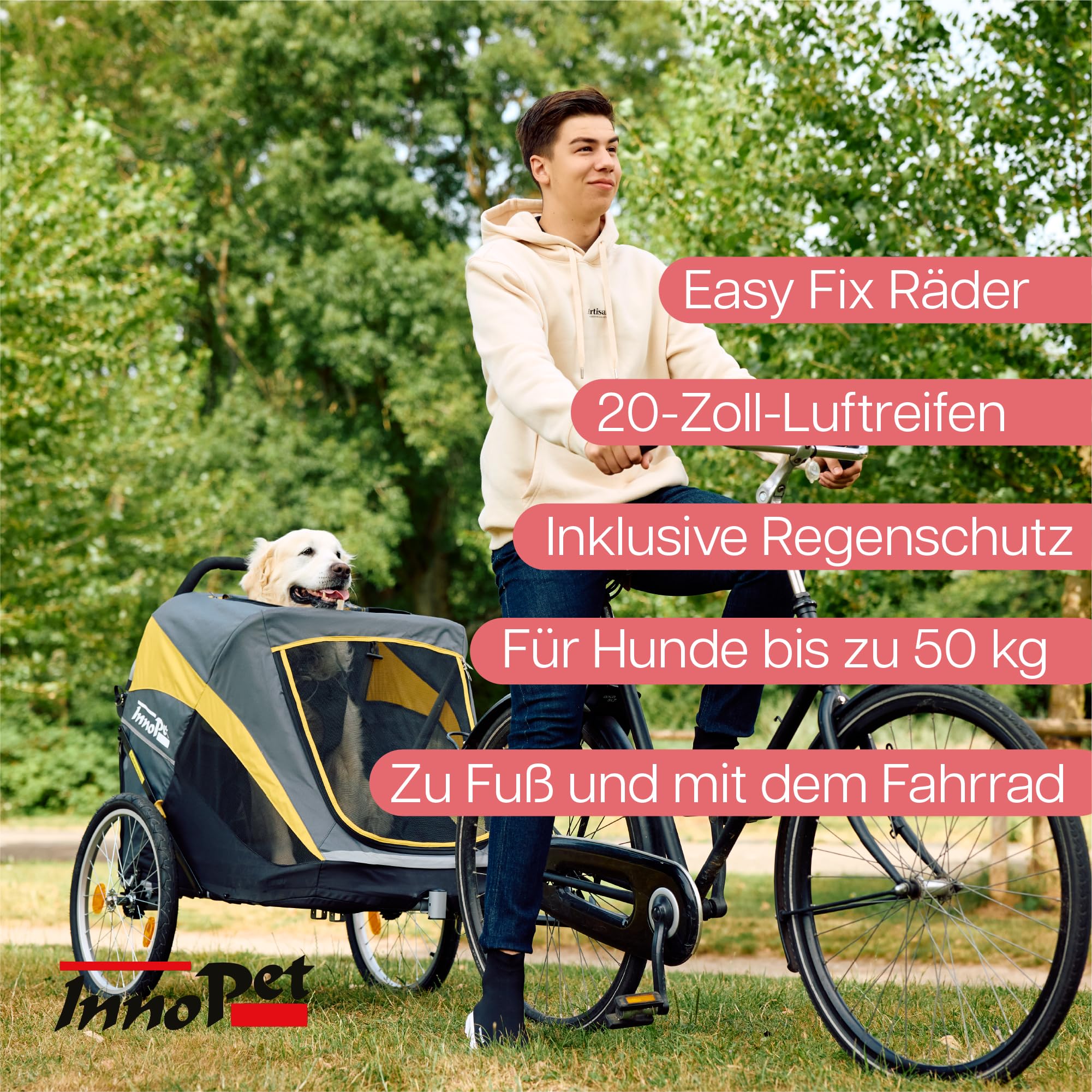 Großer Hundebuggy und Fahrradanhänger Trailer - Innopet Hercules Gelb/Grau - 2in1 mit Umbauset und Regenhaube - Leinen innen - Hundewagen bis 50kg belastbar - 45cm große hintere Luftreifen