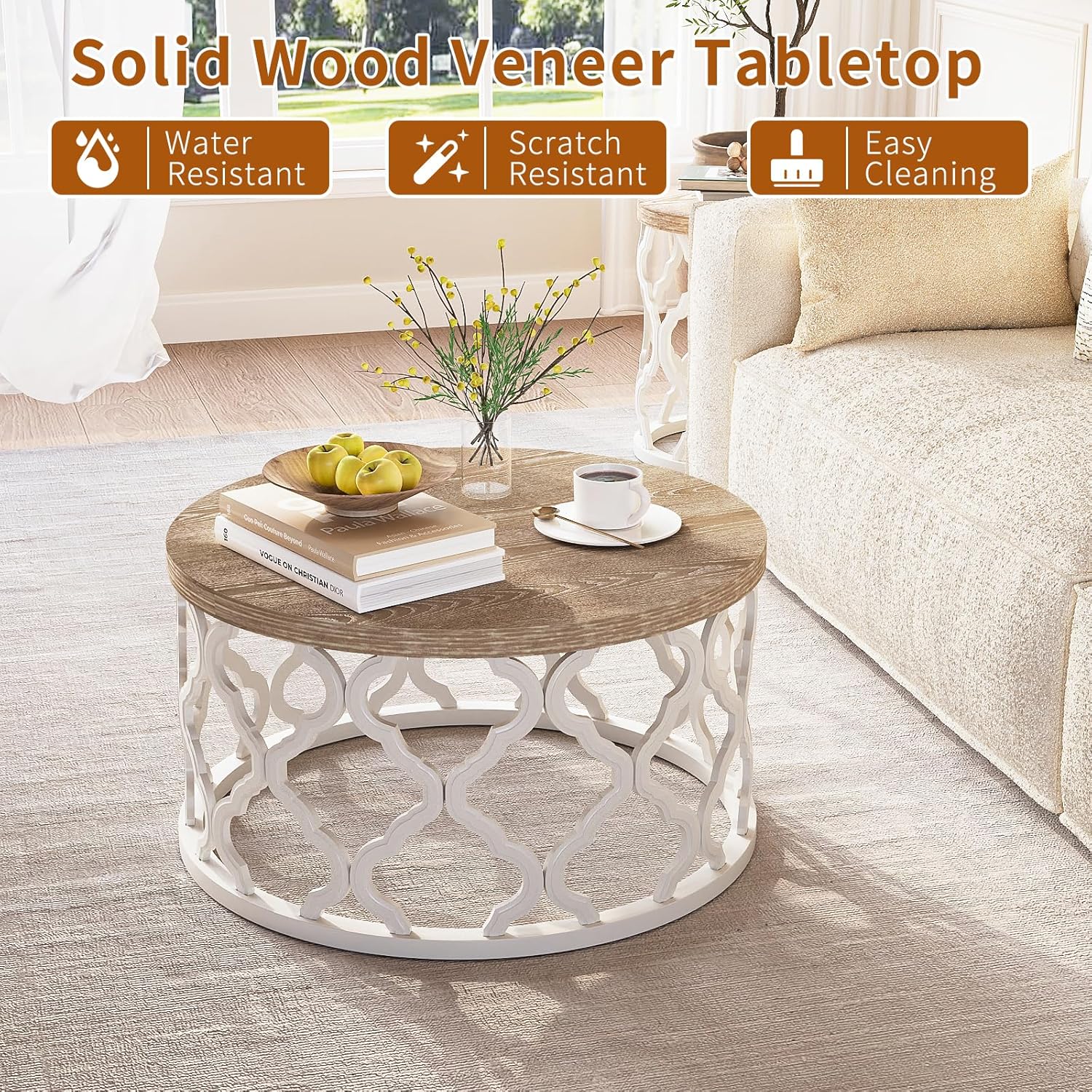 karlott Farmhouse Coffee Table, French Country Round Coffee Table, Coastal Coffee Tables with Distressed Top, Boho Center Table with Curved Motif Frame Base for Living Room, Dining Room, Bedroom