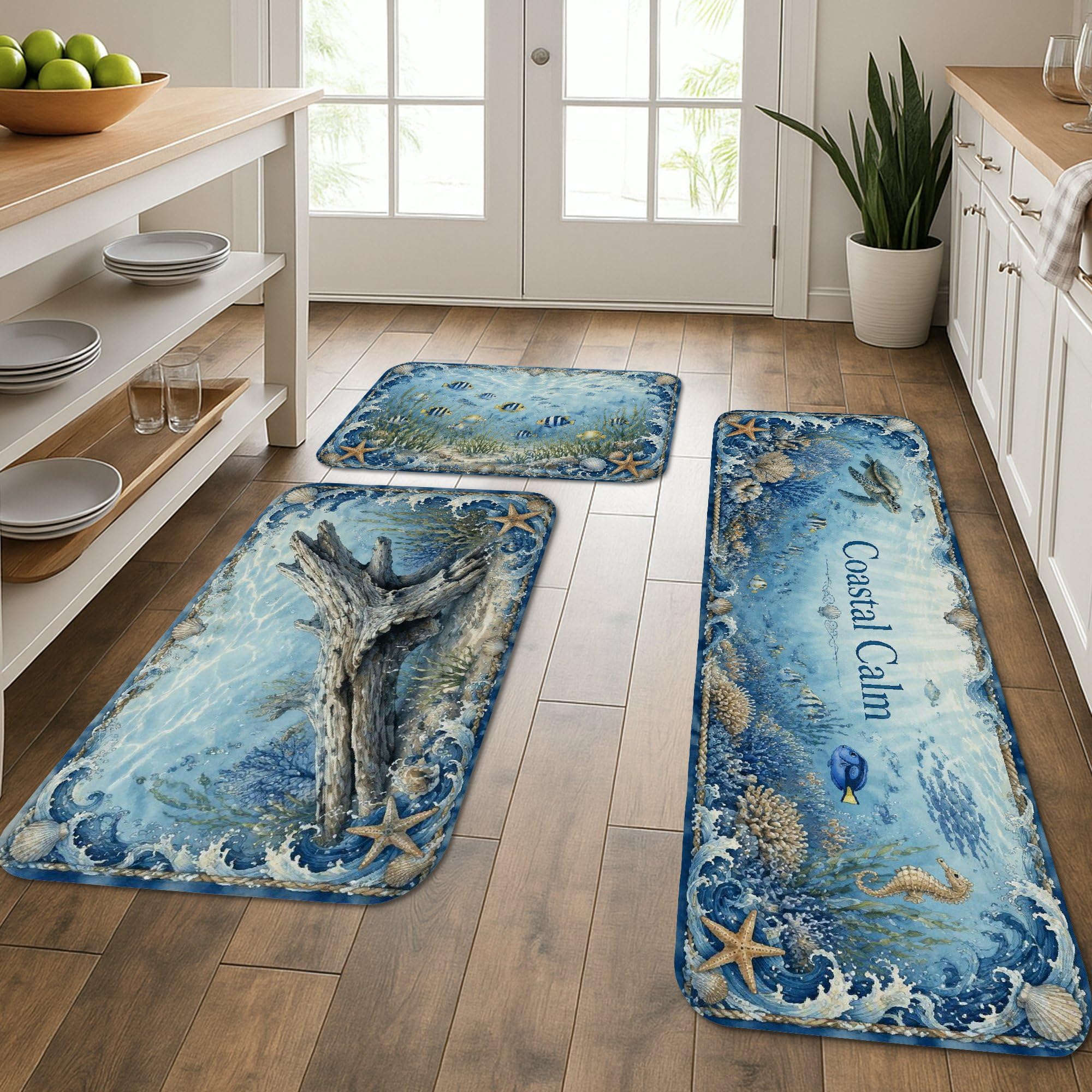 Tapis de cuisine lavables Coastal Calm, lot de 3 grand confort effet vagues