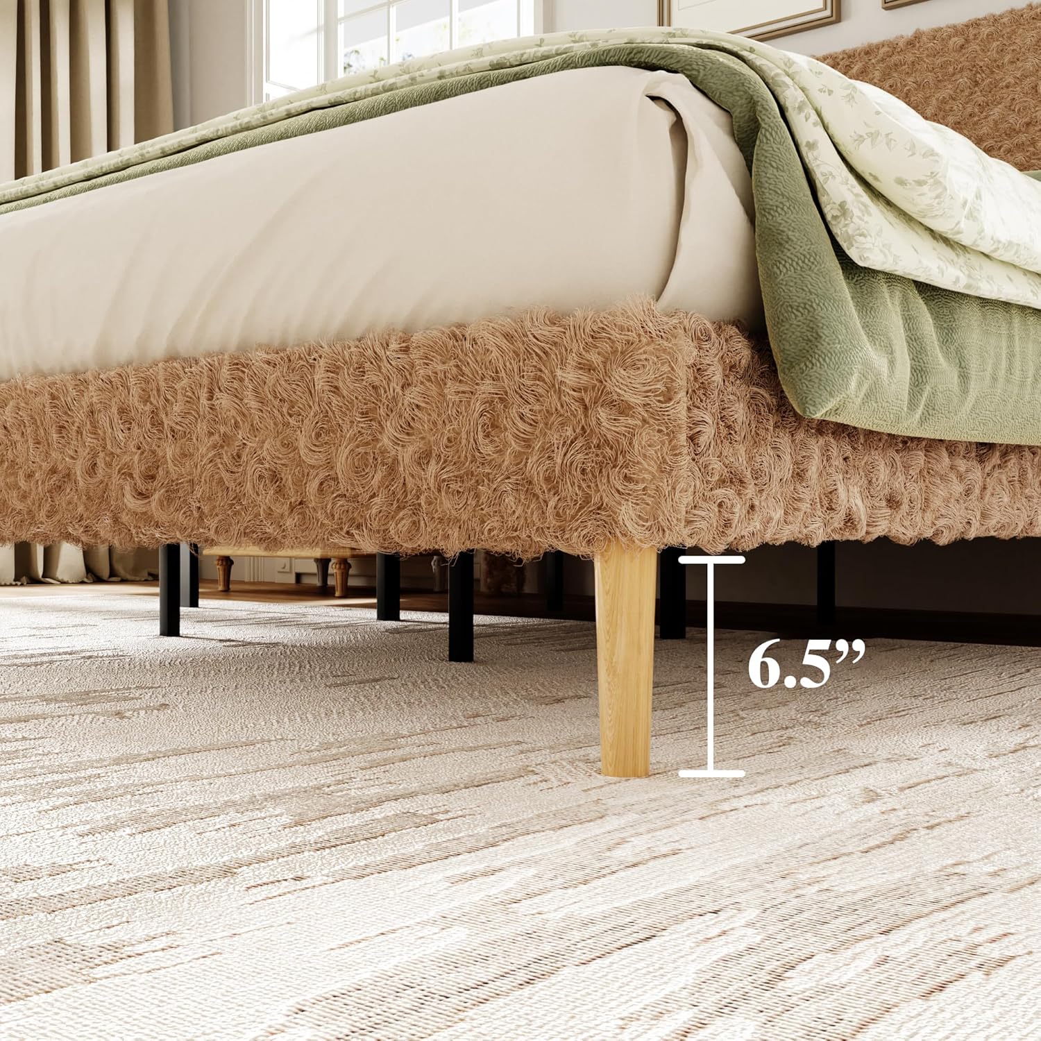 Full Size Platform Bed Frame with Adjustable Headboard, Anti-Collision Soft Rounded Corners, Flannel, No Box Spring Needed, Easy Assembly, Noise Free, Almond