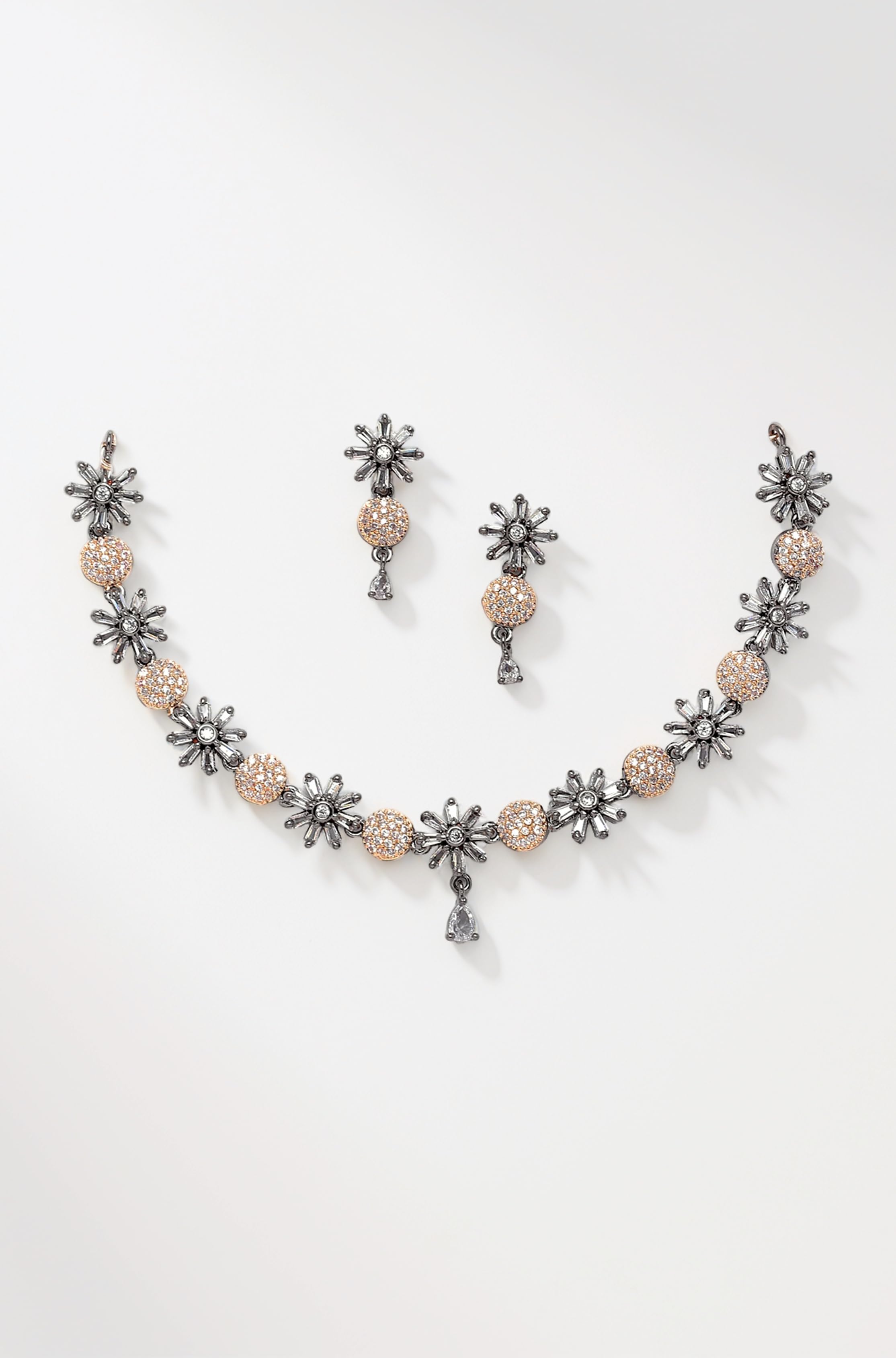 ZENEME Rhodium Plated Silver Toned White American Diamond Studded Necklace With Earring Jewellery Set For Woment and Girl