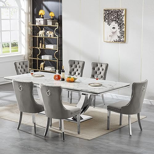 Miniatura 53 de Juego de mesa de comedor de mármol de 9 piezas para mesa de comedor grande de mármol blanco de 8 y 94 pulgadas con base de acero inoxidable en forma