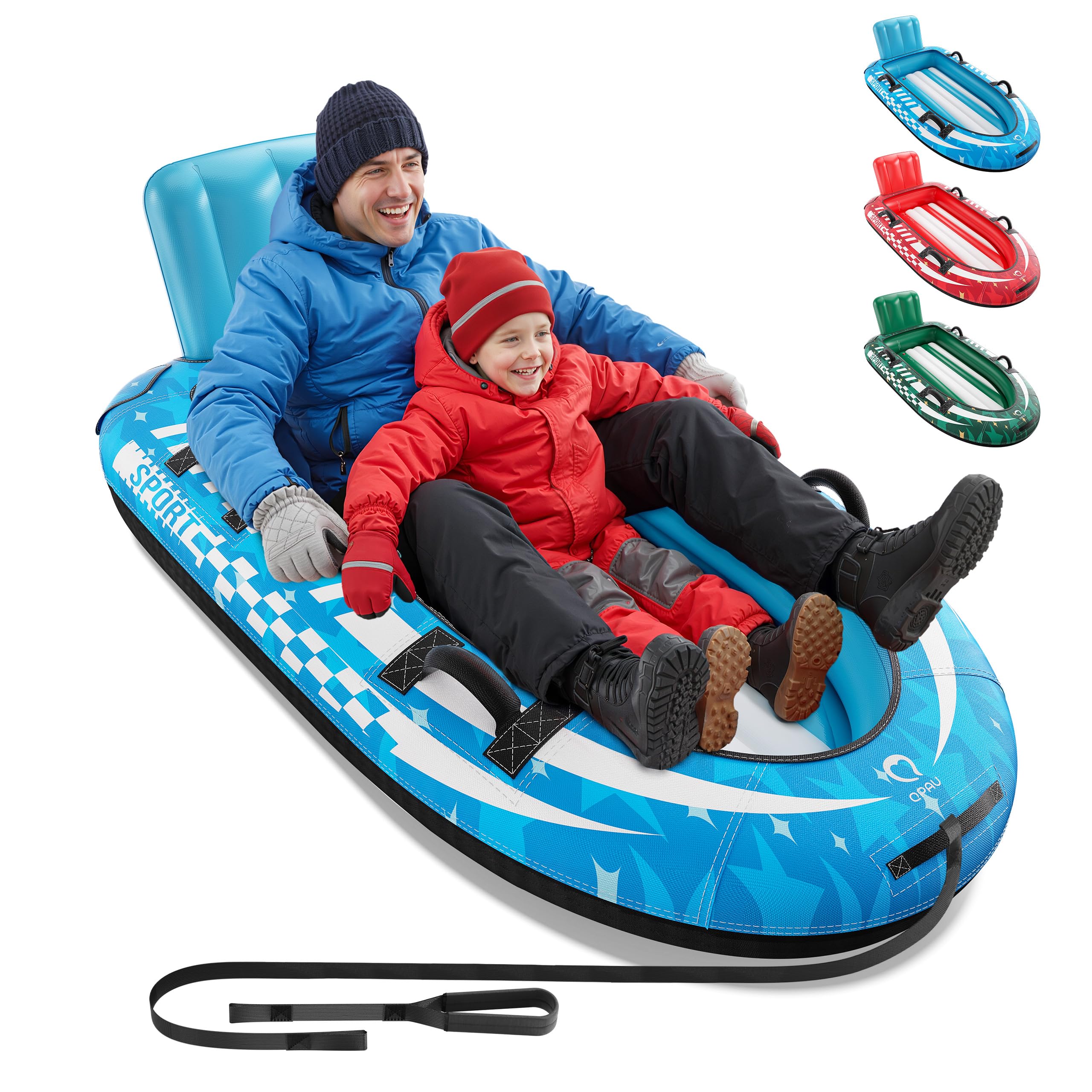 QPAU 2-Person Inflatable Snow Sled with Premium Canvas Cover, Heavy Duty Sled with Backrest & Reinforced Handles, Snow Tubes for Kids & Adults, Winter Inflatable Toys