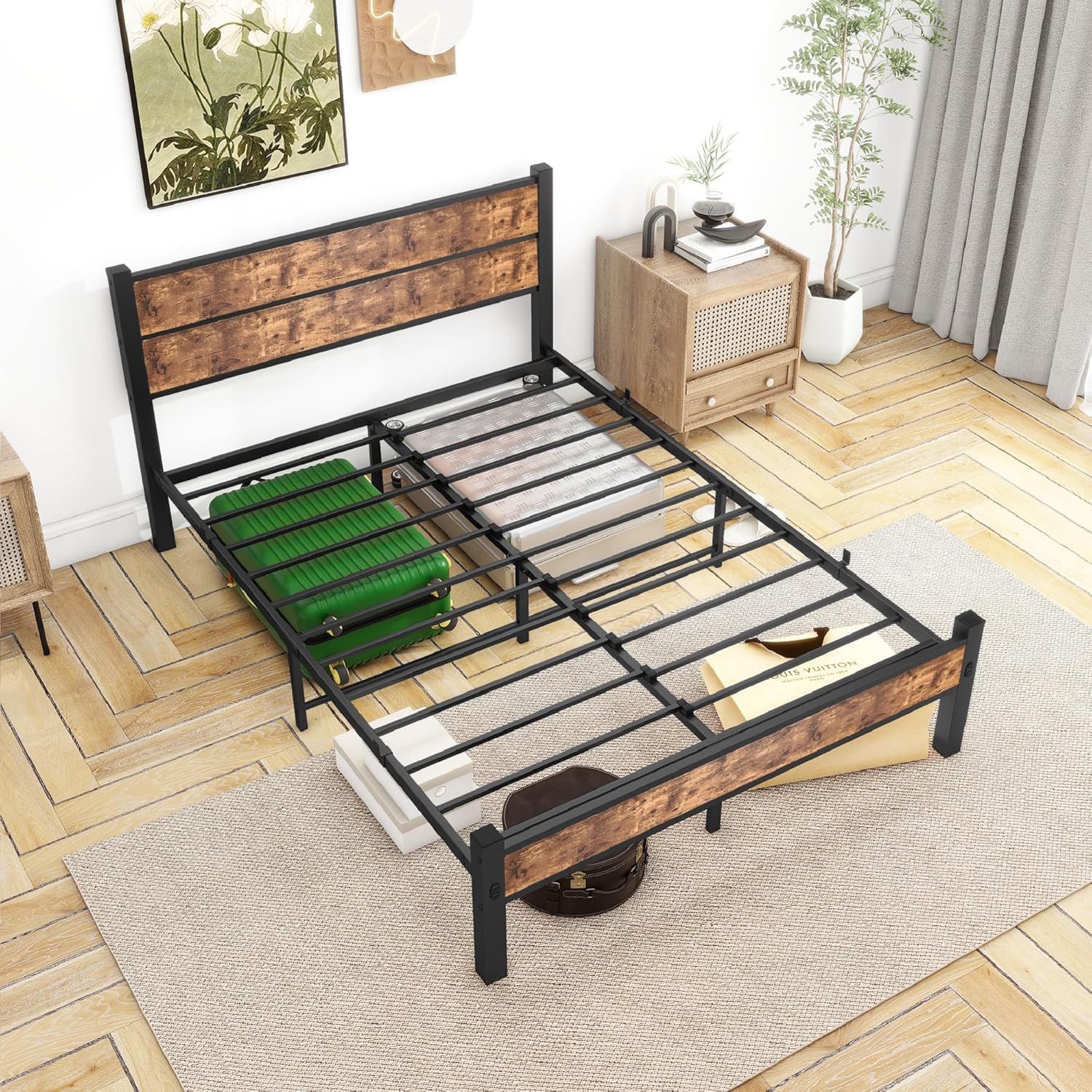 DUMEE Double Bed Frame with Wood Headboard and Footboard, Metal Full Bed Frame Under Bed Storage, No Box Spring Needed, Enhanced Support Noise Free (Black+Brown Oak) - Image 4