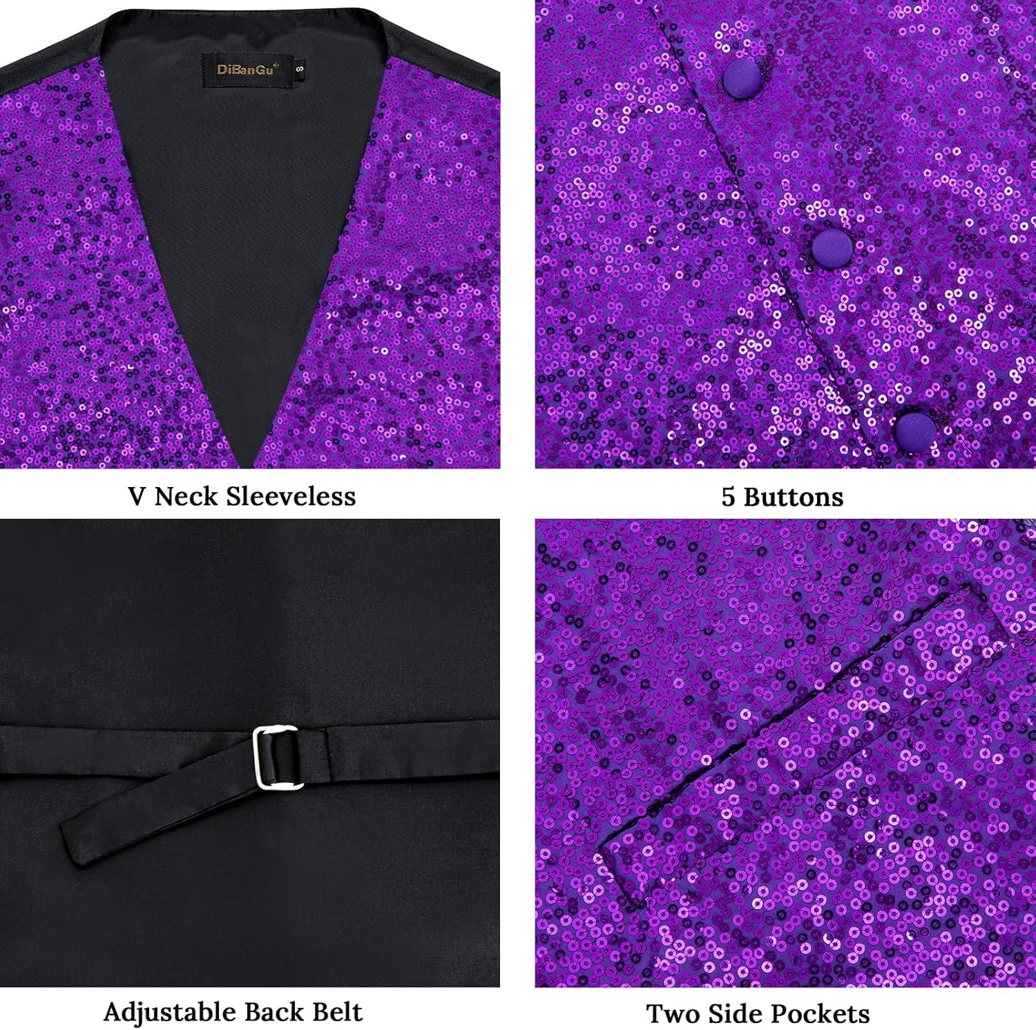 DiBanGu Mens Sequins Vest and Tie Set Solid V-Neck Shiny Dress Waistcoat Bowtie with pocket square for Prom Party Tuxedo