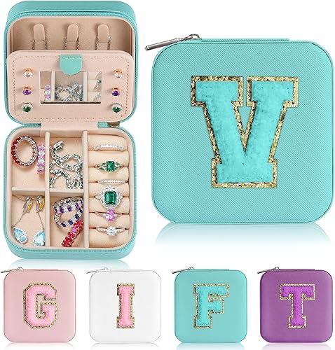 Parima Caja organizadora de joyas de viaje, estuche pequeño para mujer, mini joyero, letra V, azul aguamarina