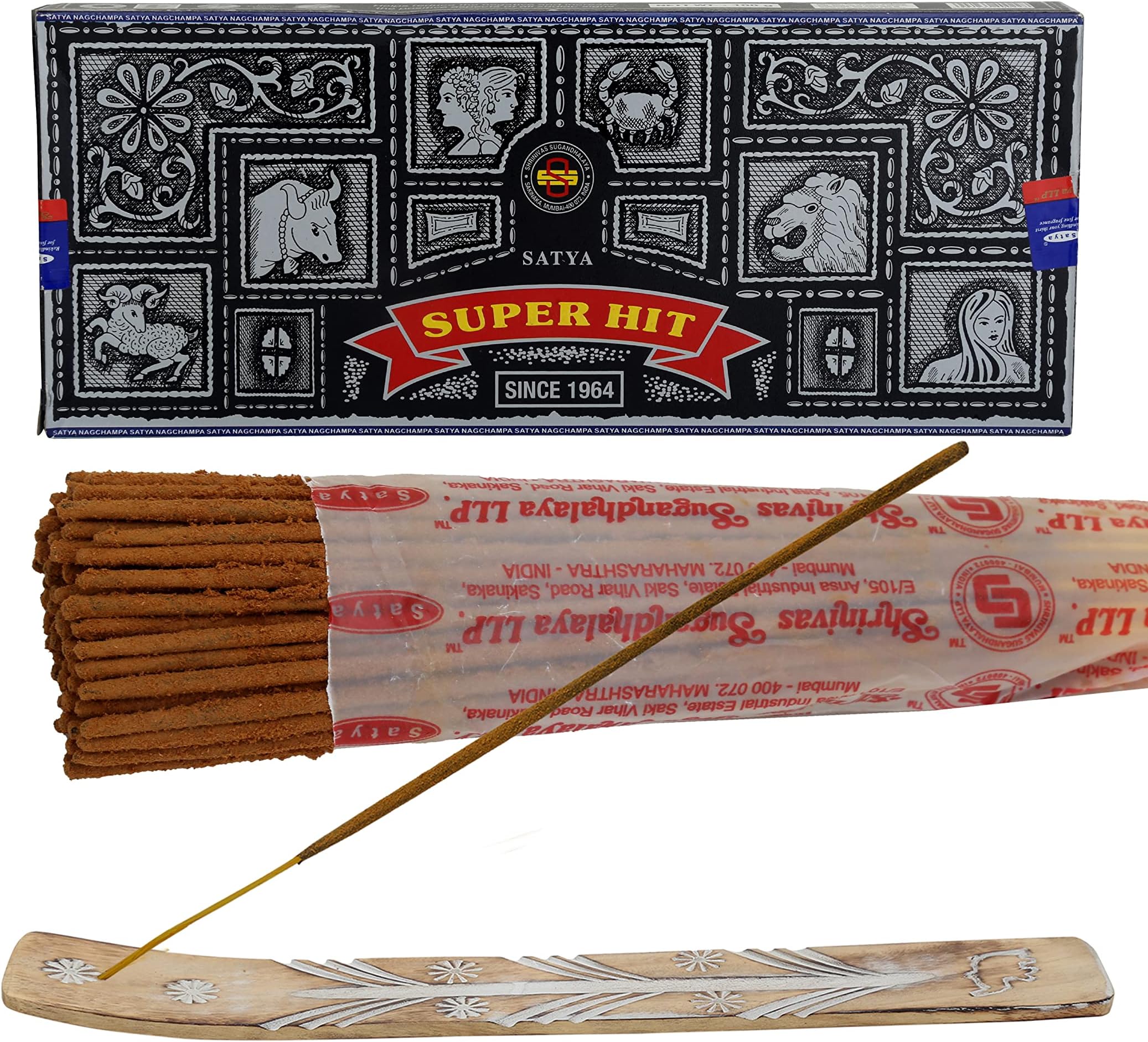 Satya Super Hit Incense Sticks 100 gm Pack, Satya sai Baba Insenses with Raajsee Incense Holder Bundle, Satya Nag Champa Natural Incense
