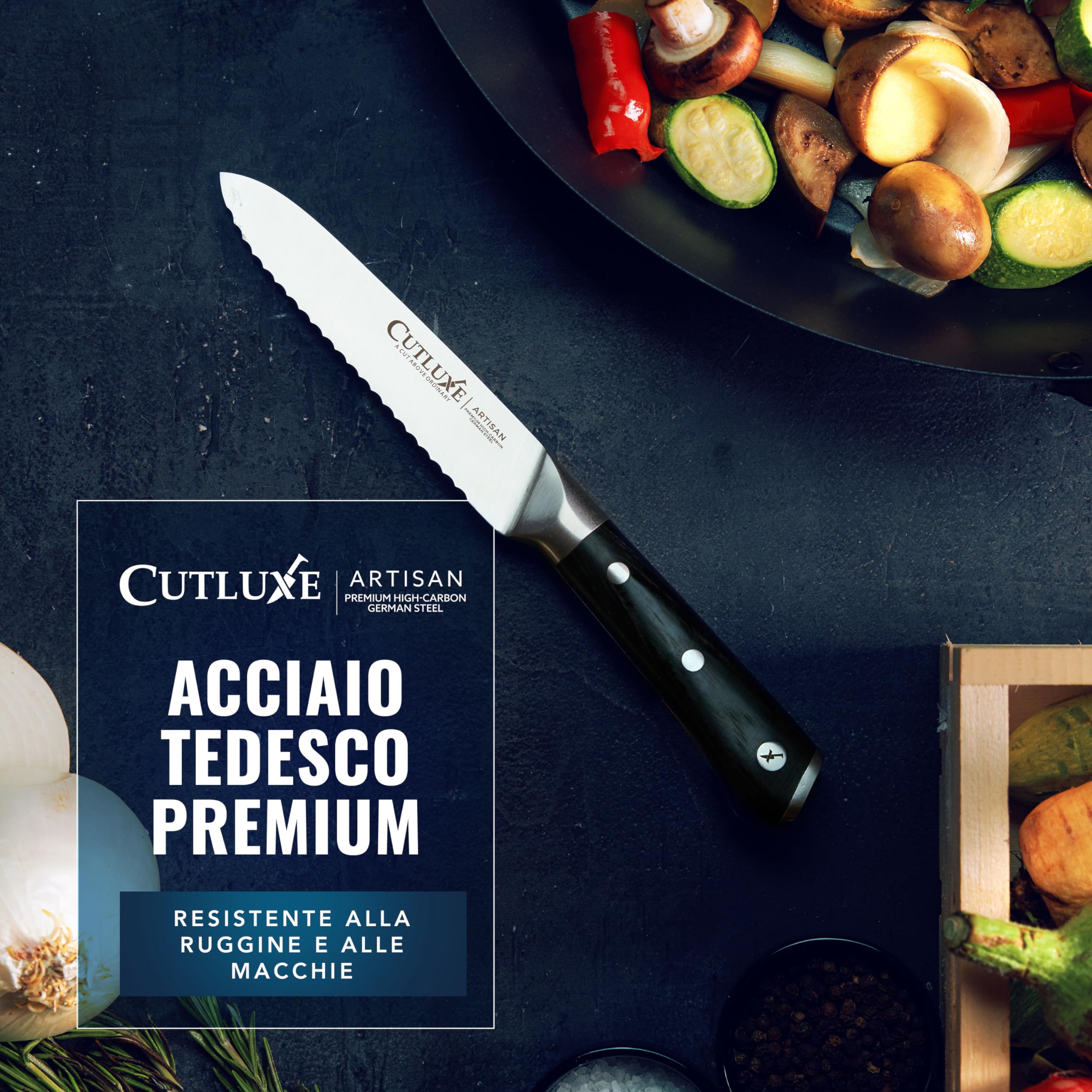 Cutluxe Seghettato Coltello Universale - 13 cm Coltello da Cucina Professionale - Coltello Pomodoro - Coltello Verdure - Acciaio Tedesco al Carbonio Forgiato - Impugnatura Ergonomica - Serie Artisan