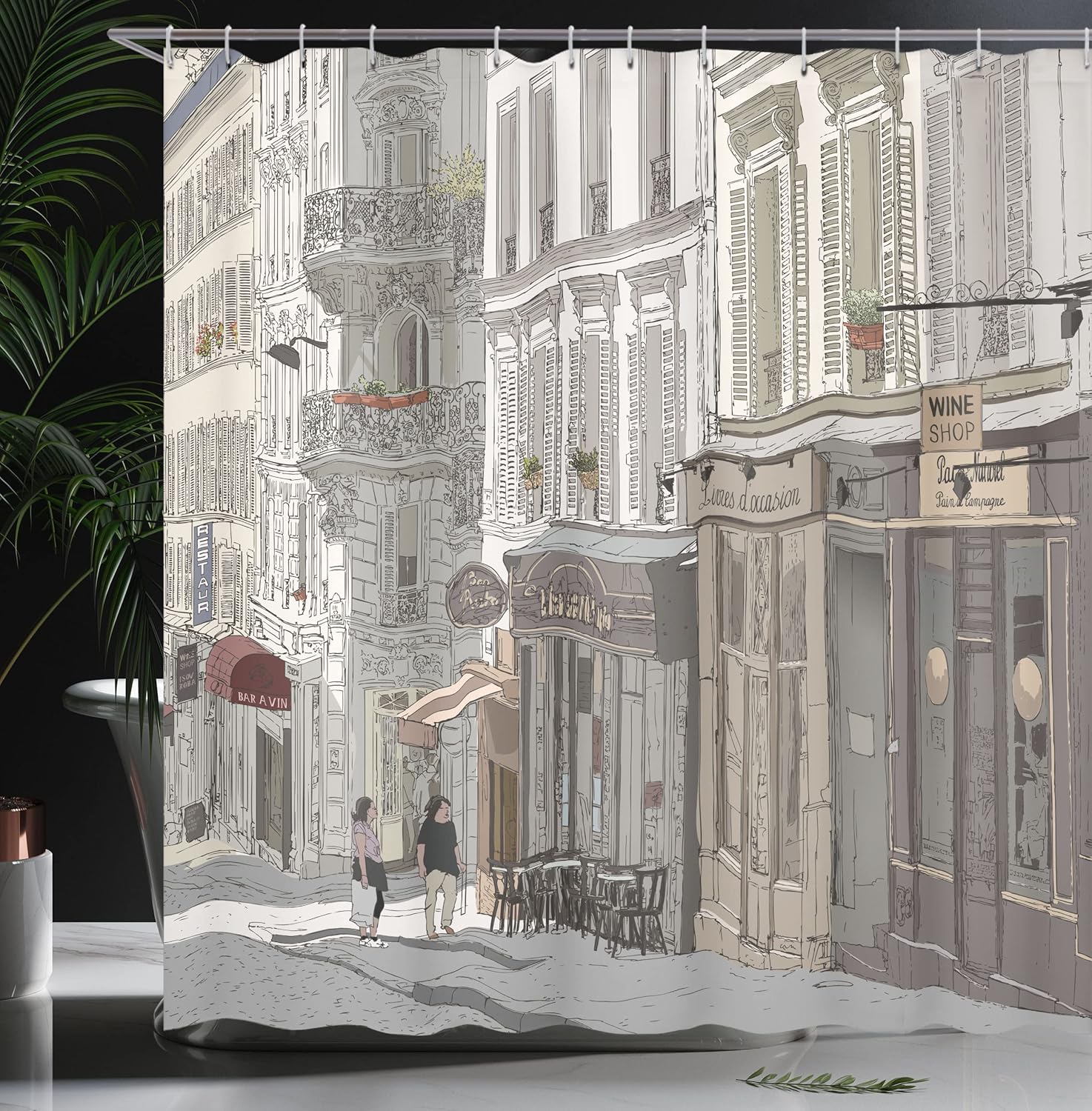 Ambesonne Paris Shower Curtain, Montmartre Paris Characteristics Honeymoon Traveling Tourists Illustration Art, Cloth Fabric Bathroom Decor Set with Hooks, 69" W x 75" L, Taupe Grey
