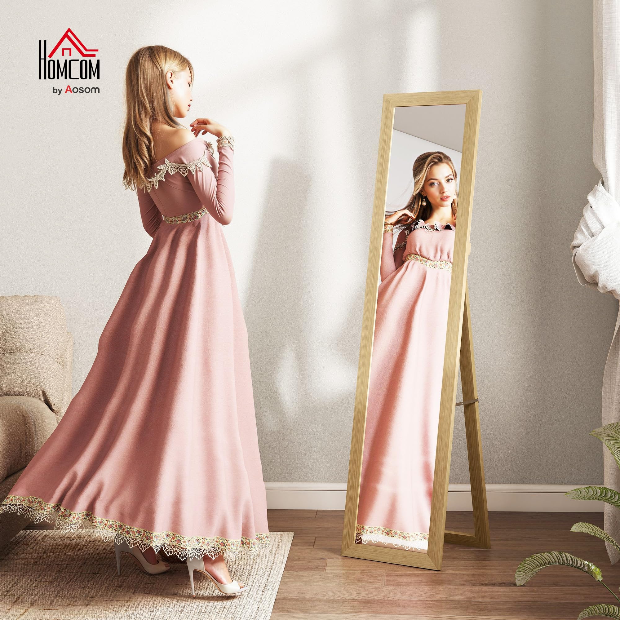 HOMCOM Miroir sur Pied Complet avec Support - Miroir Mural autoportant avec Aspect Bois - Miroir de Dressing - pour Chambre à Coucher, Couloir - Chêne - 37 x 157 cm