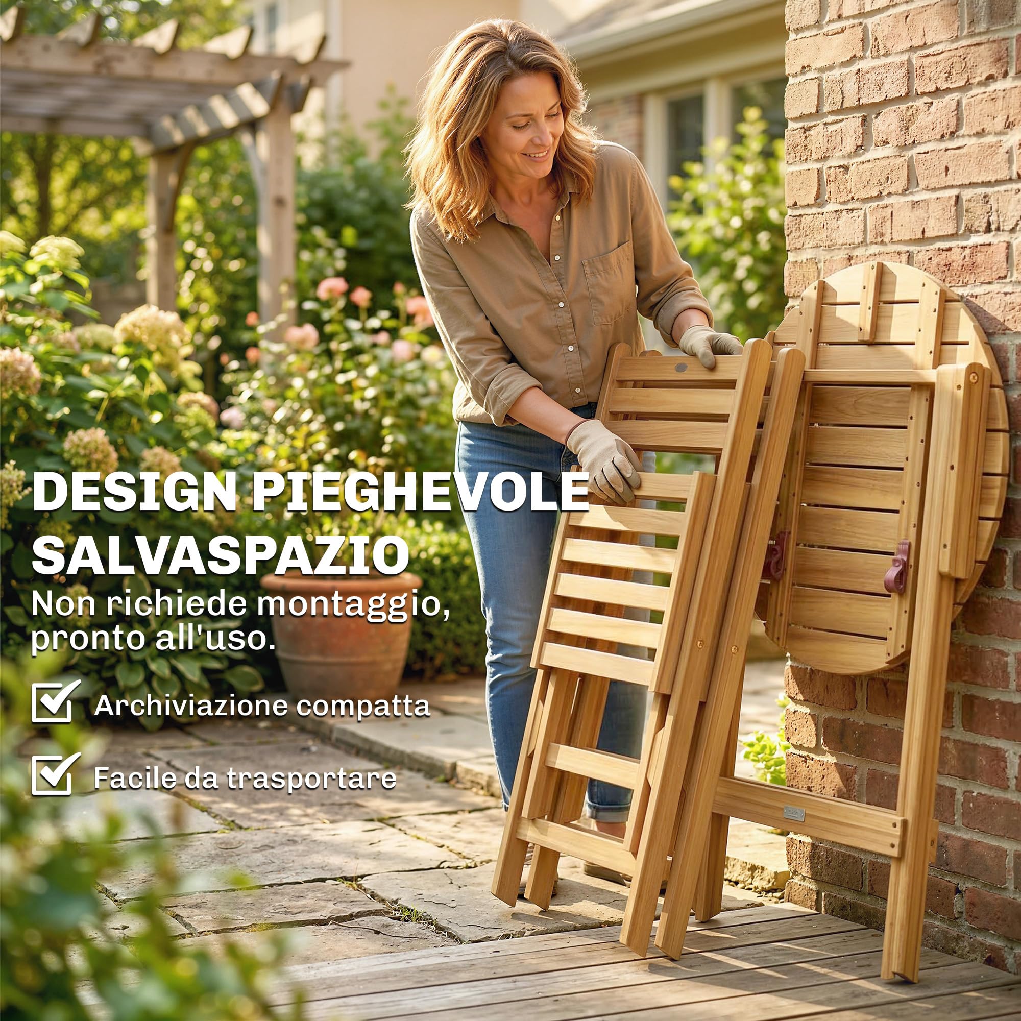 Outsunny Set da Bistrò da 3 Pezzi Pieghevole in Legno di Acacia, Set da Giardino con 2 Sedie, Tavolino, 2 Cuscini, Schienale a Doghe, Set di Mobili da Giardino per Patio Balcone Terrazzo, Color Legno