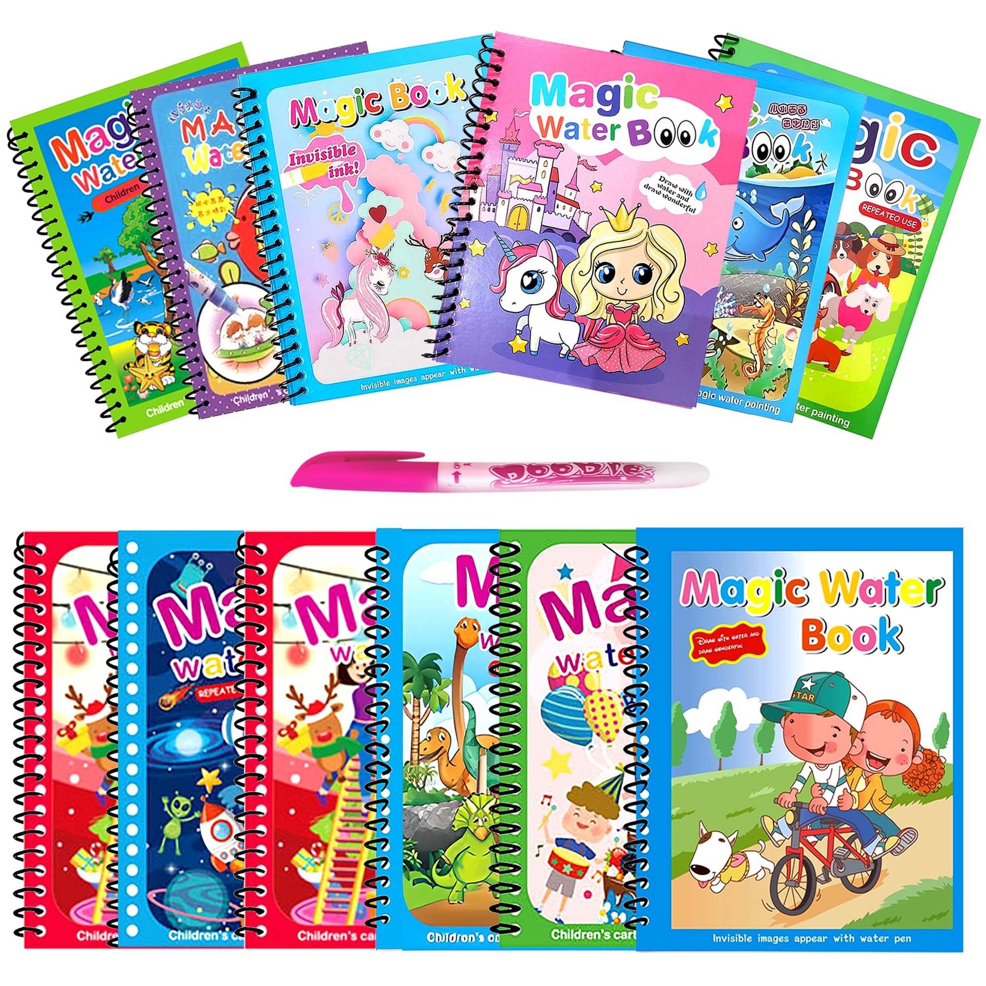 GLUN® Pack of 12 Children's Cartoon Water Magic Painting Book with Water-Based Marker, Different Magical Scenes