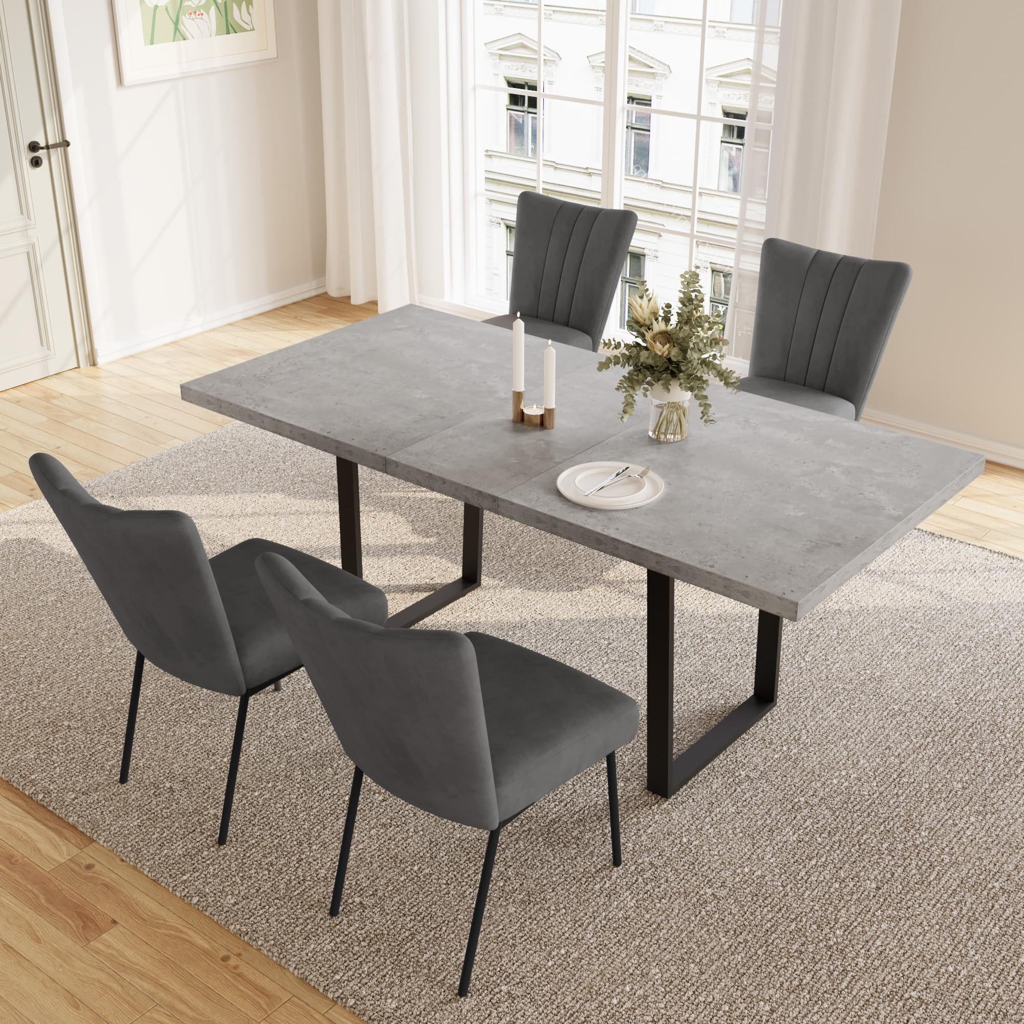 Table de salle à manger extensible en MDF pour 4-6 personnes avec 4 chaises grises, table de cuisine polyvalente en bois 130-170 cm, idéale pour salle à manger et espace de cuisine