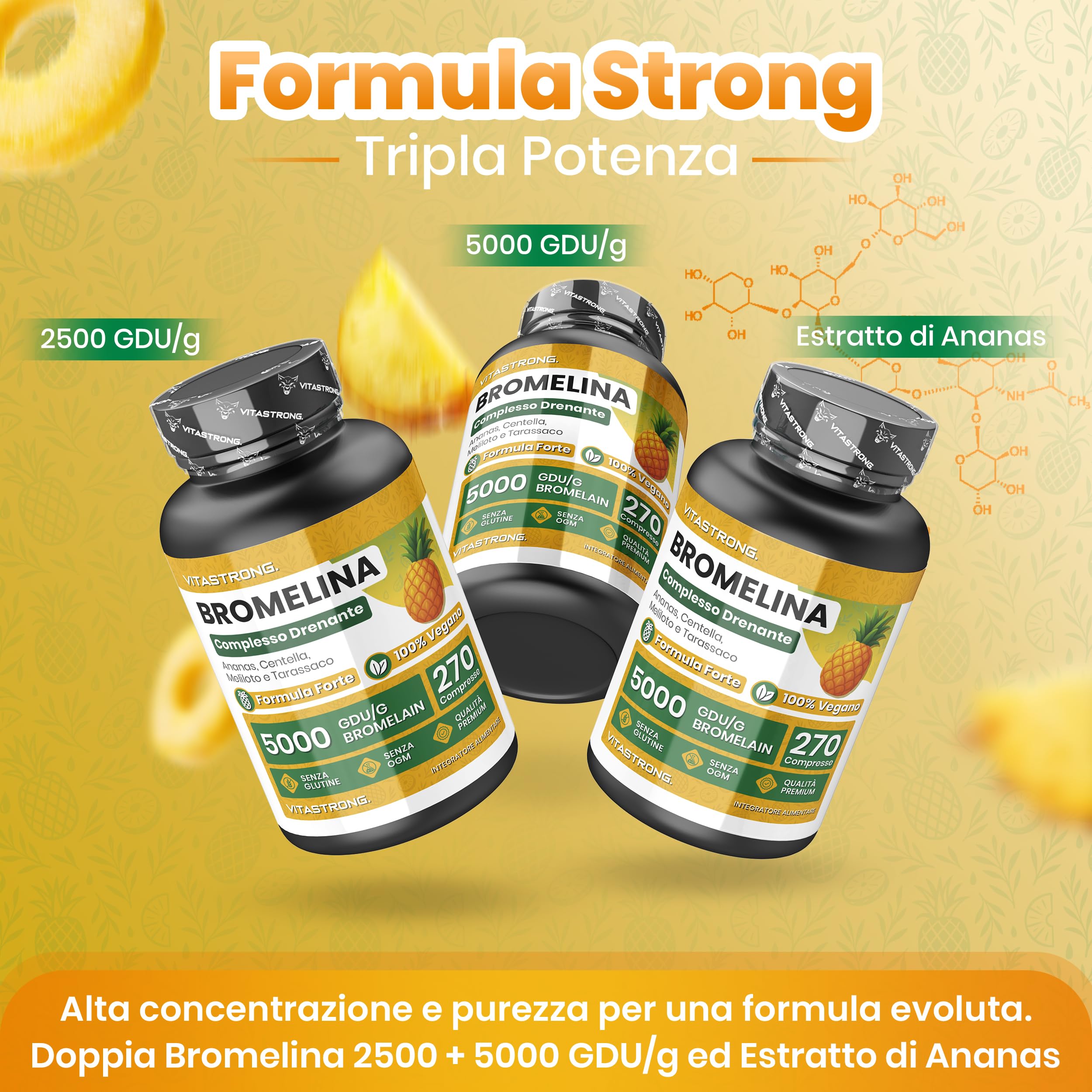 Bromelina Forte Drenante Vitastrong, Integratore Bromelina 5000 GDU, Vegana, Qualità Premium, 270 Compresse, Formula Complex con Centella Asiatica, Tarassaco e Meliloto, Bromelain Senza Glutine, OGM