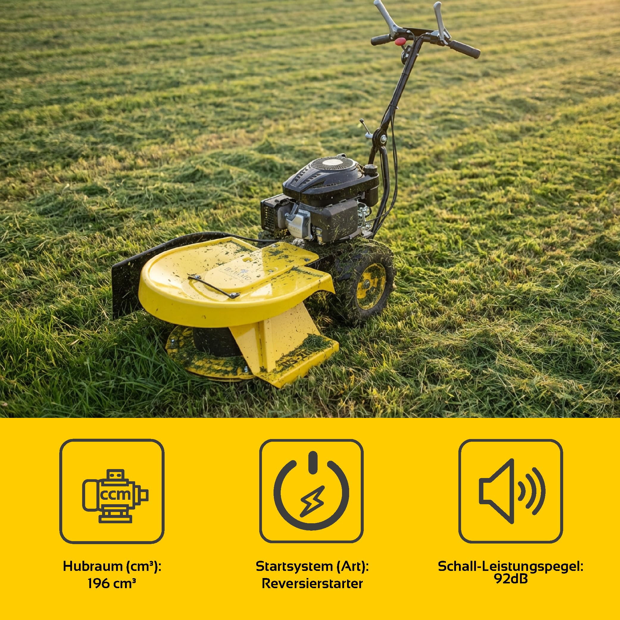 BAMATO Hochgrasschneider GS-200 Kreiselmäher Benzin | Kraftvoller LONCIN Motor mit Radantrieb | 4 Klingen | 580 mm Schnittbreite