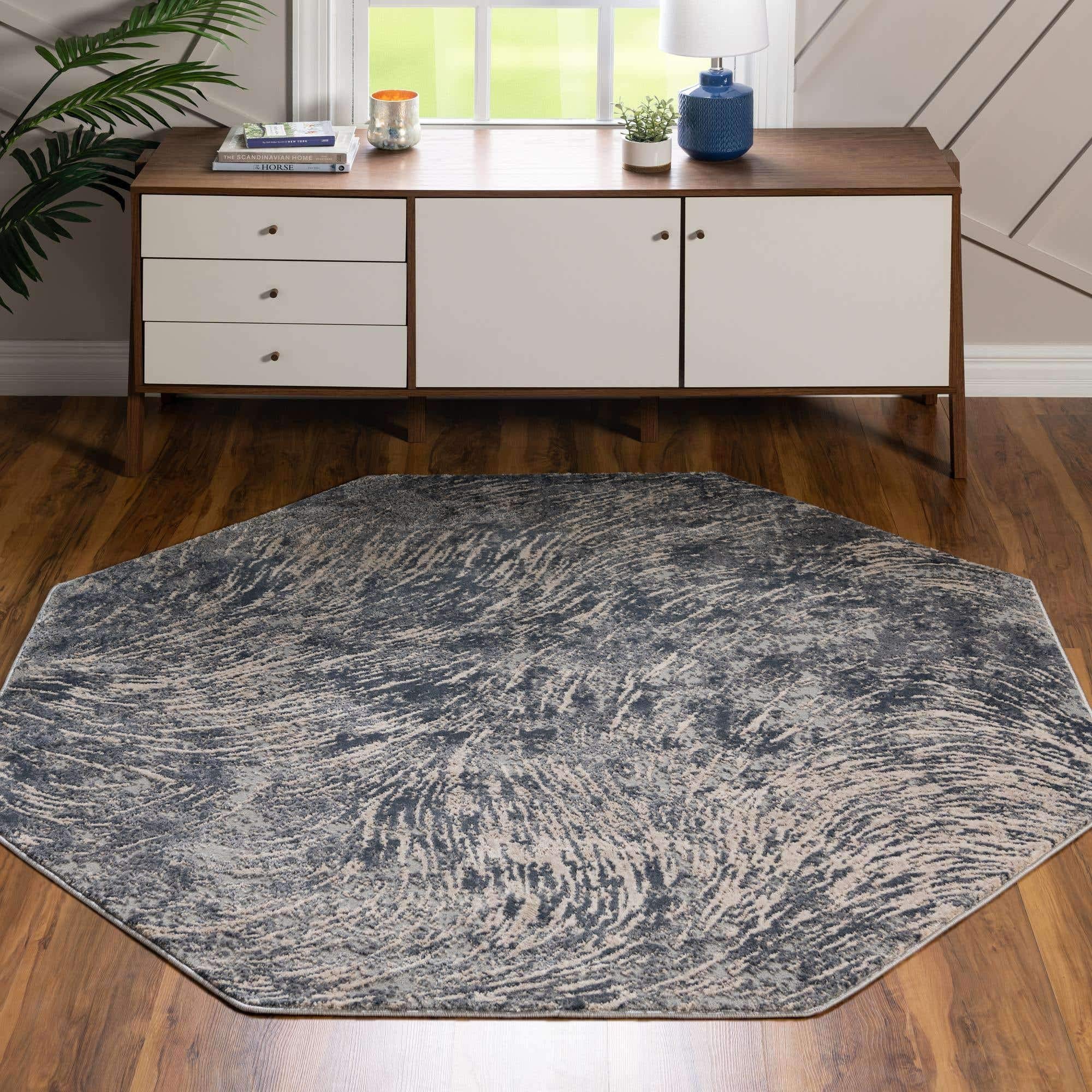 Unique Loom Oasis Collection Modern, High-Low Pile, Distressed, Vintage, Abstract Area Rug (6' 0 x 6' 0 Octagon, Gray/Ivory)