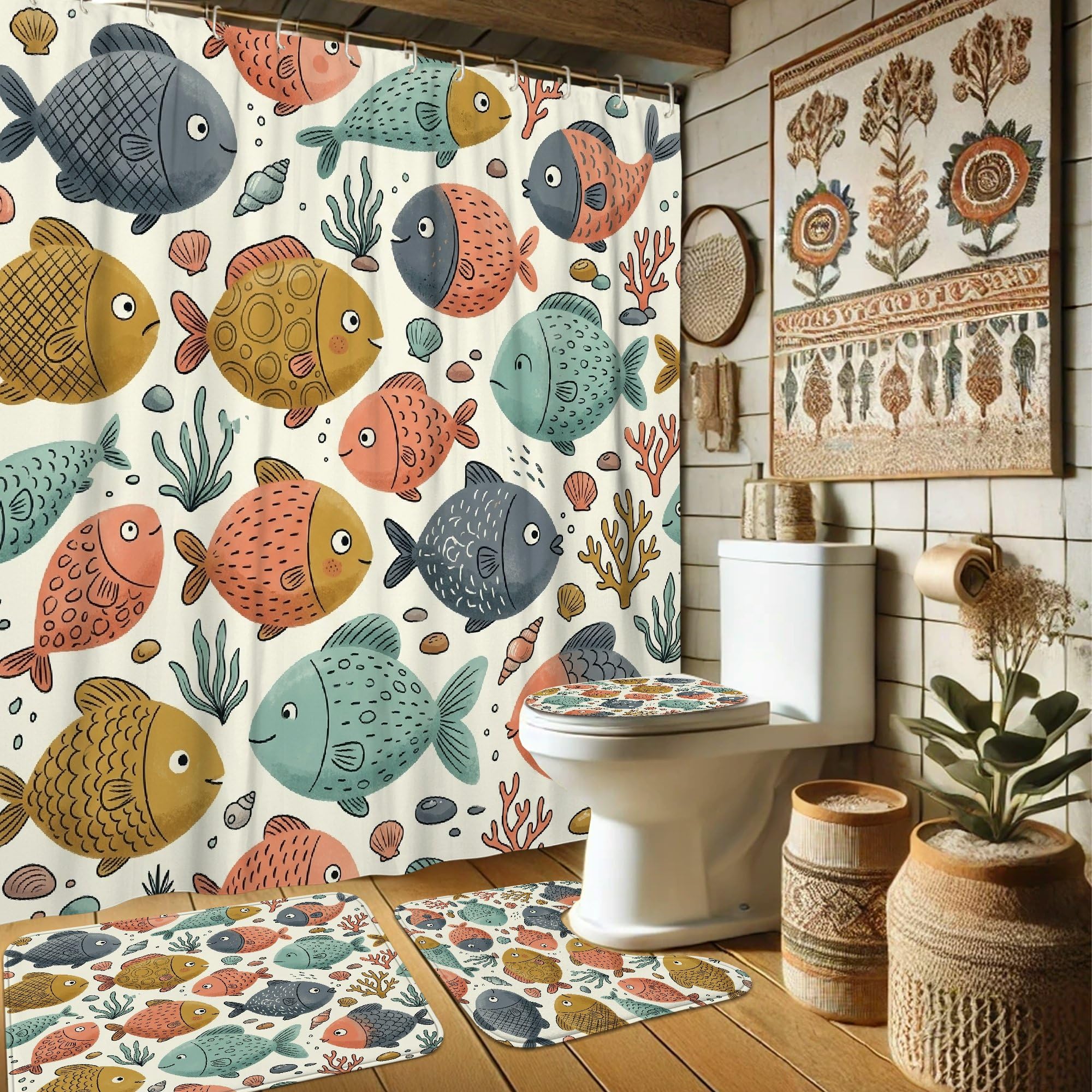 Rideau de douche en tissu motifs poissons océan pour décorer une salle de bain d'invités