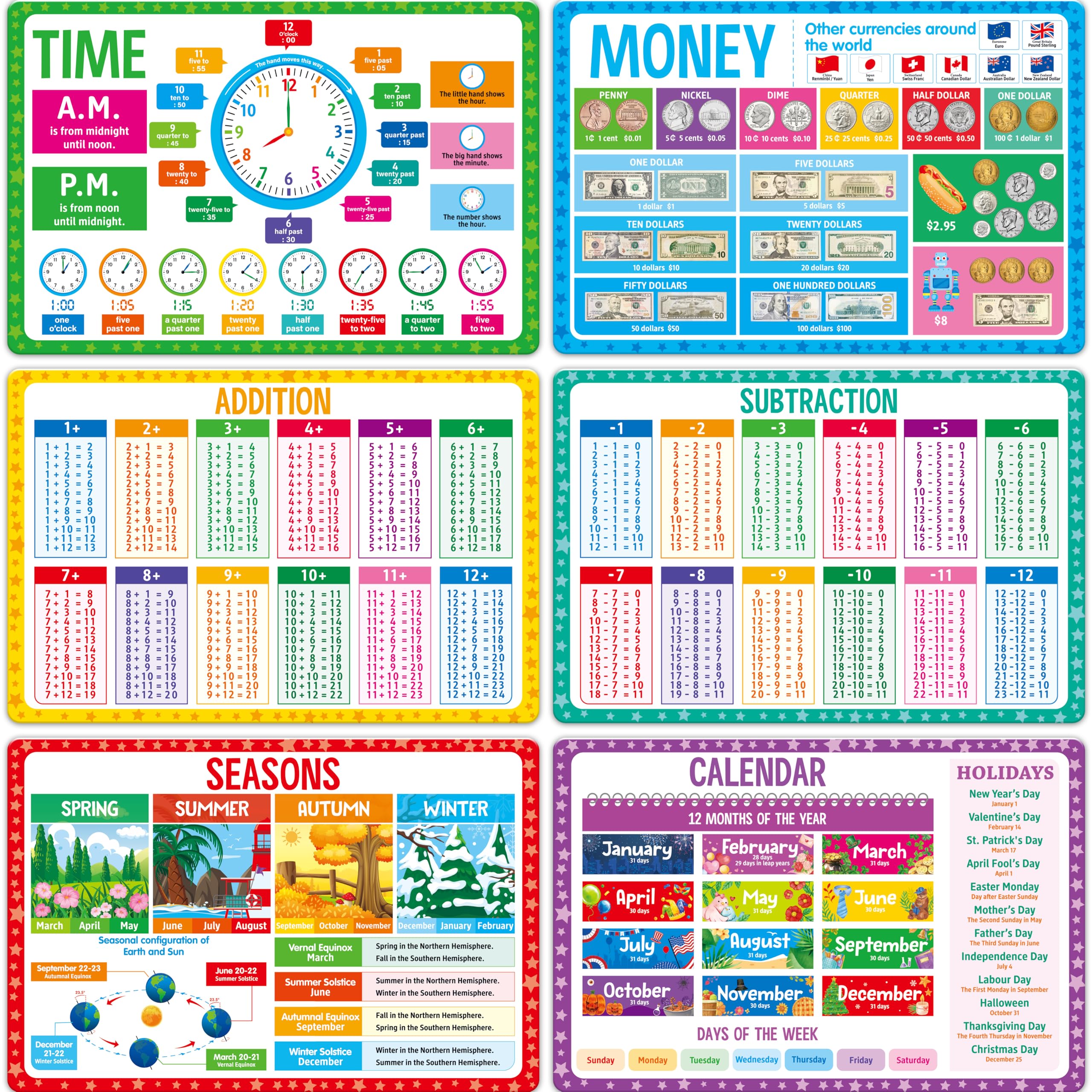 Sets de table enfants réutilisables antidérapants pour apprendre l'heure