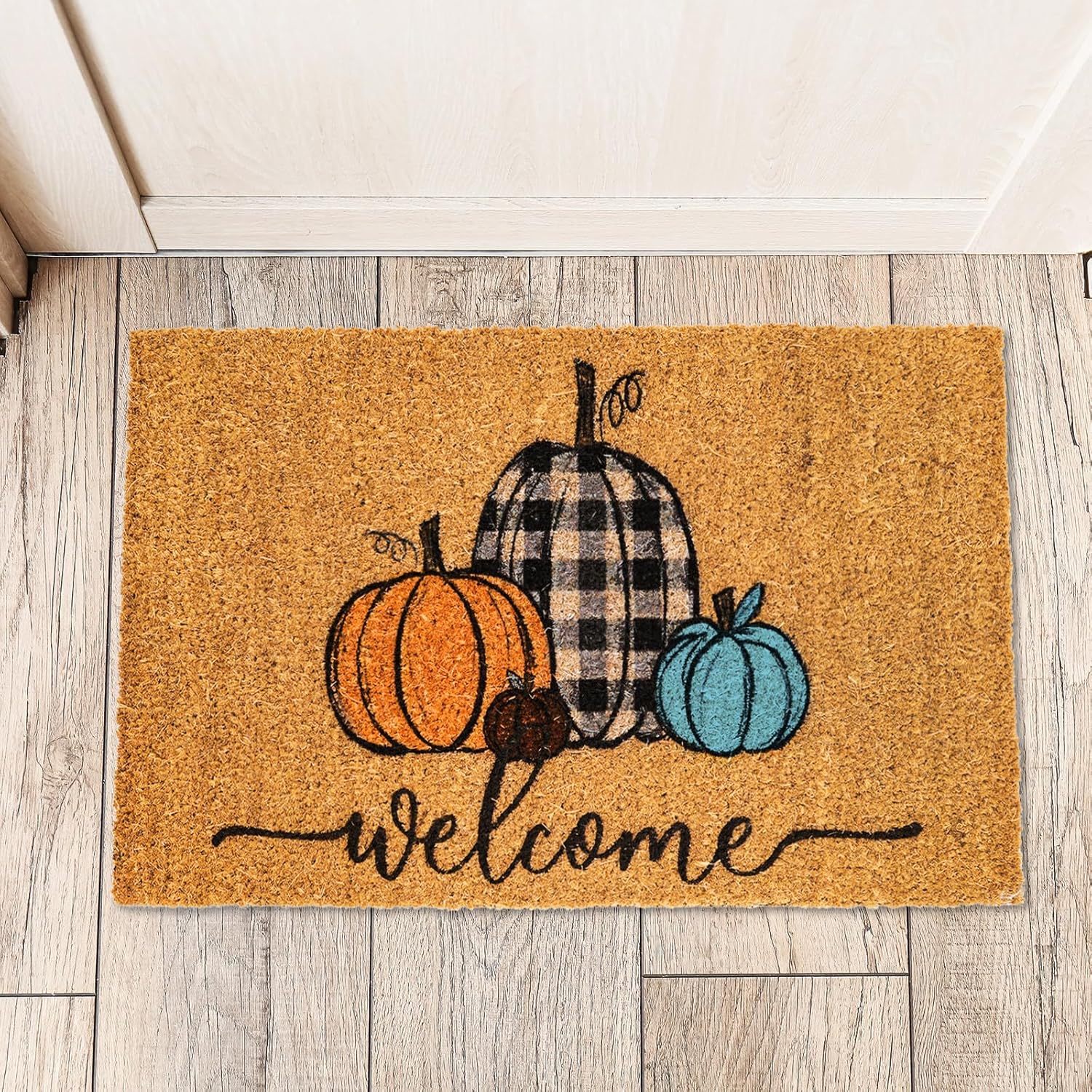 Whaline Fall Door Mats Natural Coir Welcome Doormat Pumpkin Non Slip Farmhouse Rectangle Front Door Rugs Floor Mat for Outdoor Entrance Porch Decor, 16 x 28 Inch