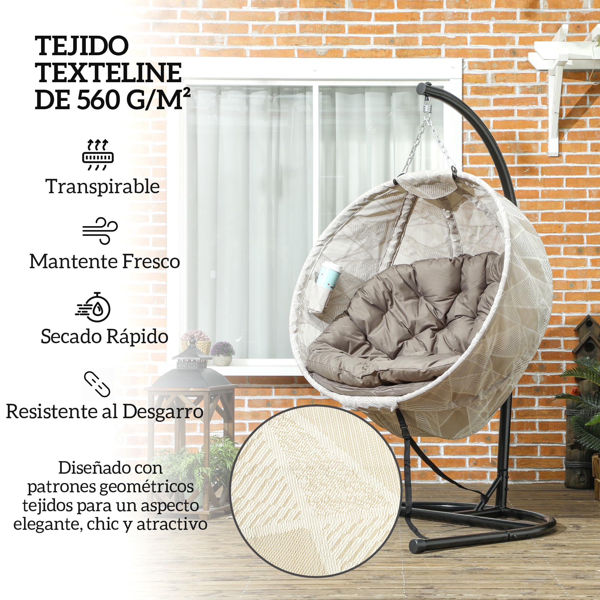 Outsunny Silla Colgante Huevo con Soporte Portavasos 120 kg Arena y Negro