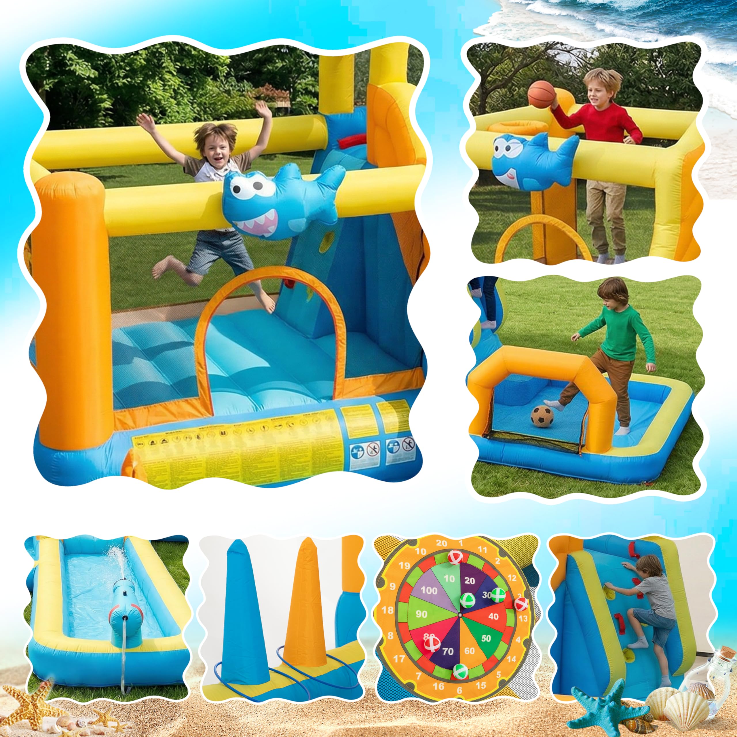 UEV Aufblasbarer 9-in-1 Hüpfburg XXL mit Gebläse, Kletterwand, Springen, Wasserpistole, Ballspielplatz, Extra Lange aufblasbare Rutsche, for Indoor & Outdoor, EN71-1/2/3, 590x502x220cm