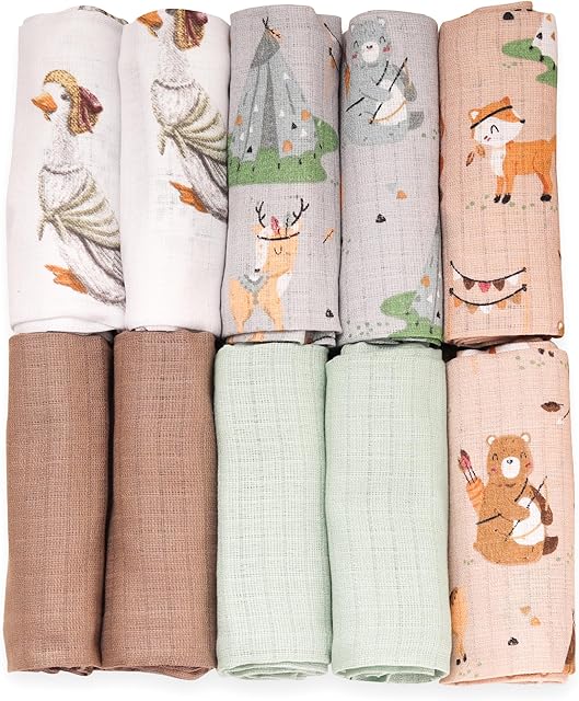 FENSILO Pieluchy z muślinu - 10 sztuk 70 x 80 cm | pieluchy materiałowe | wycieranie i zakrywanie noworodków | muślinowe chusteczki dla niemowląt | tęczowe