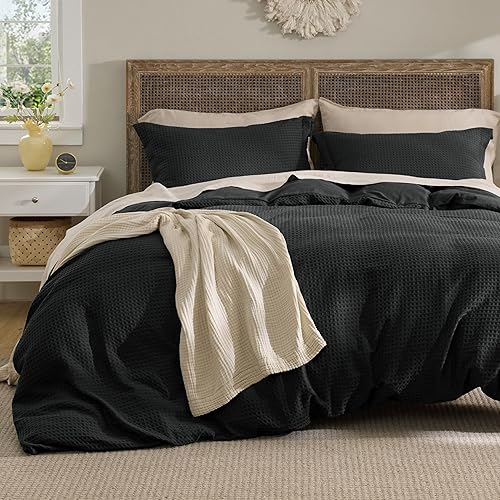 Bedsure Juego de funda de edredón de lujo de punto gofre, tamaño Queen, juego de funda de edredón texturizada, suave y transpirable (90 x 90