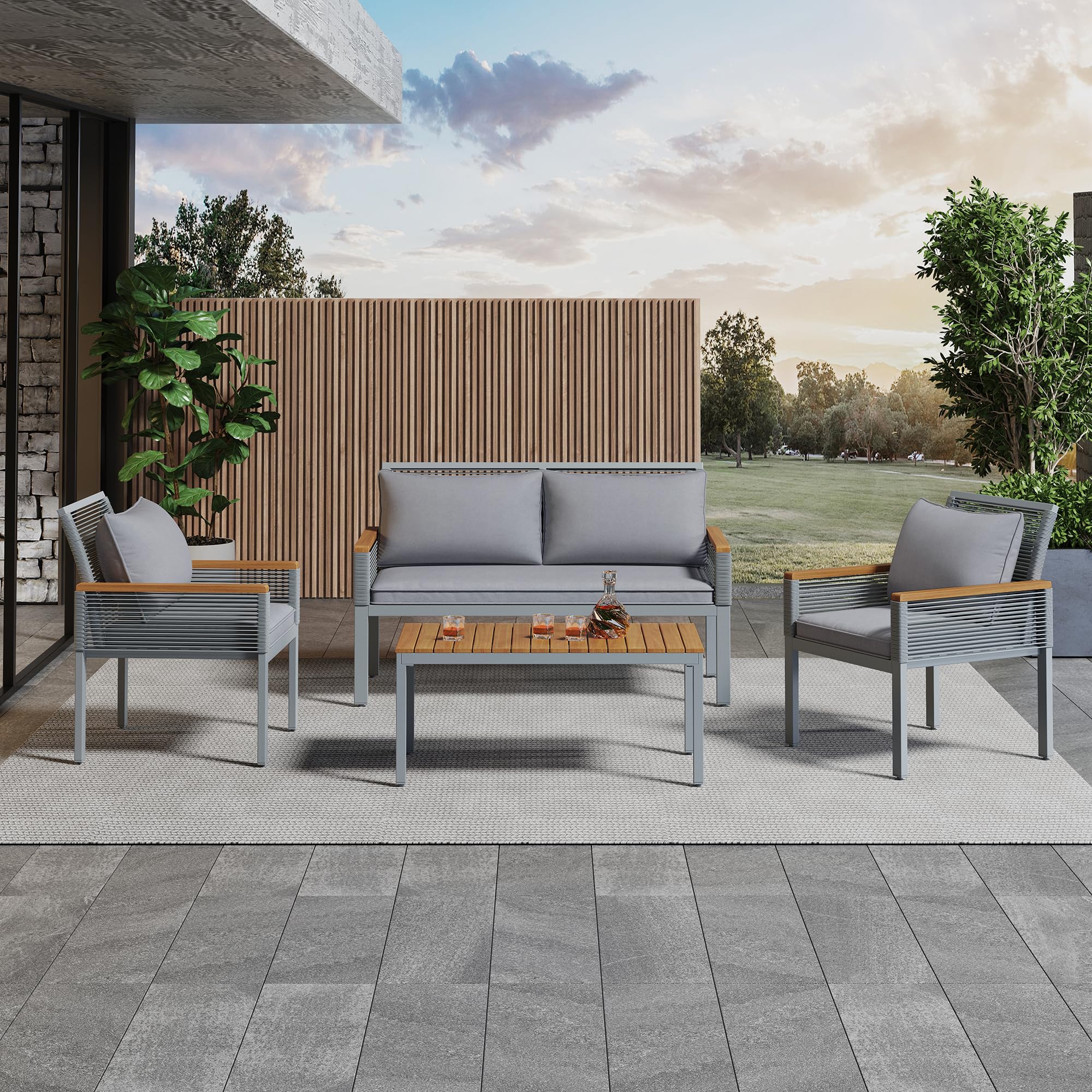 Conjunto jardín Exterior de ratán, Mueble de Jardín 4 Piezas, Conjunto Terraza de Muebles de balcón Lounge para 4 Personas, Exterior Muebles de Patio con sofá Doble, 2 sillones y Mesa (Gris)