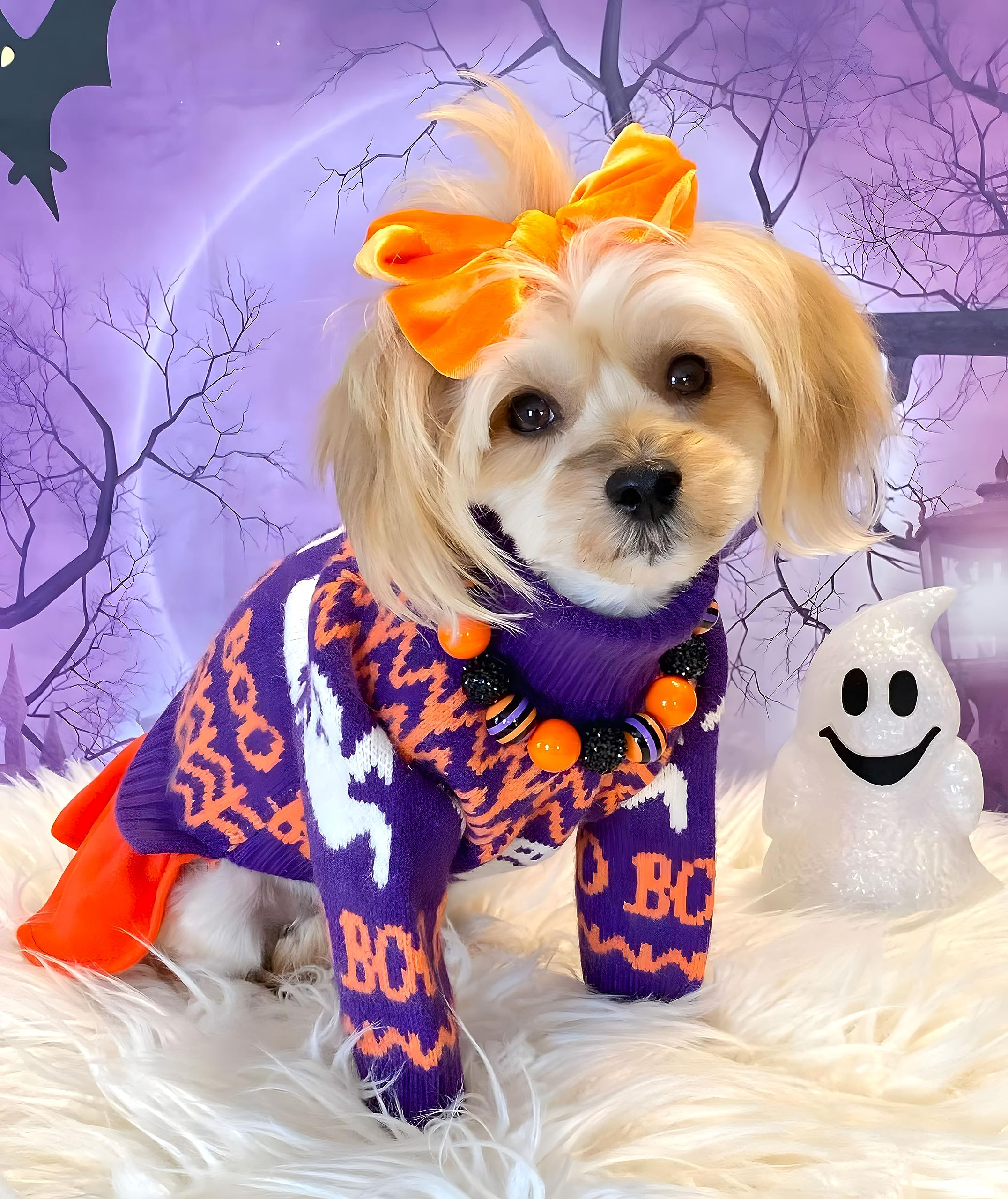 Fitwarm Vestido de suéter de Halloween espeluznante para perro, disfraces temáticos de vacaciones, ropa para perros pequeños, ropa para gatos, morado, S