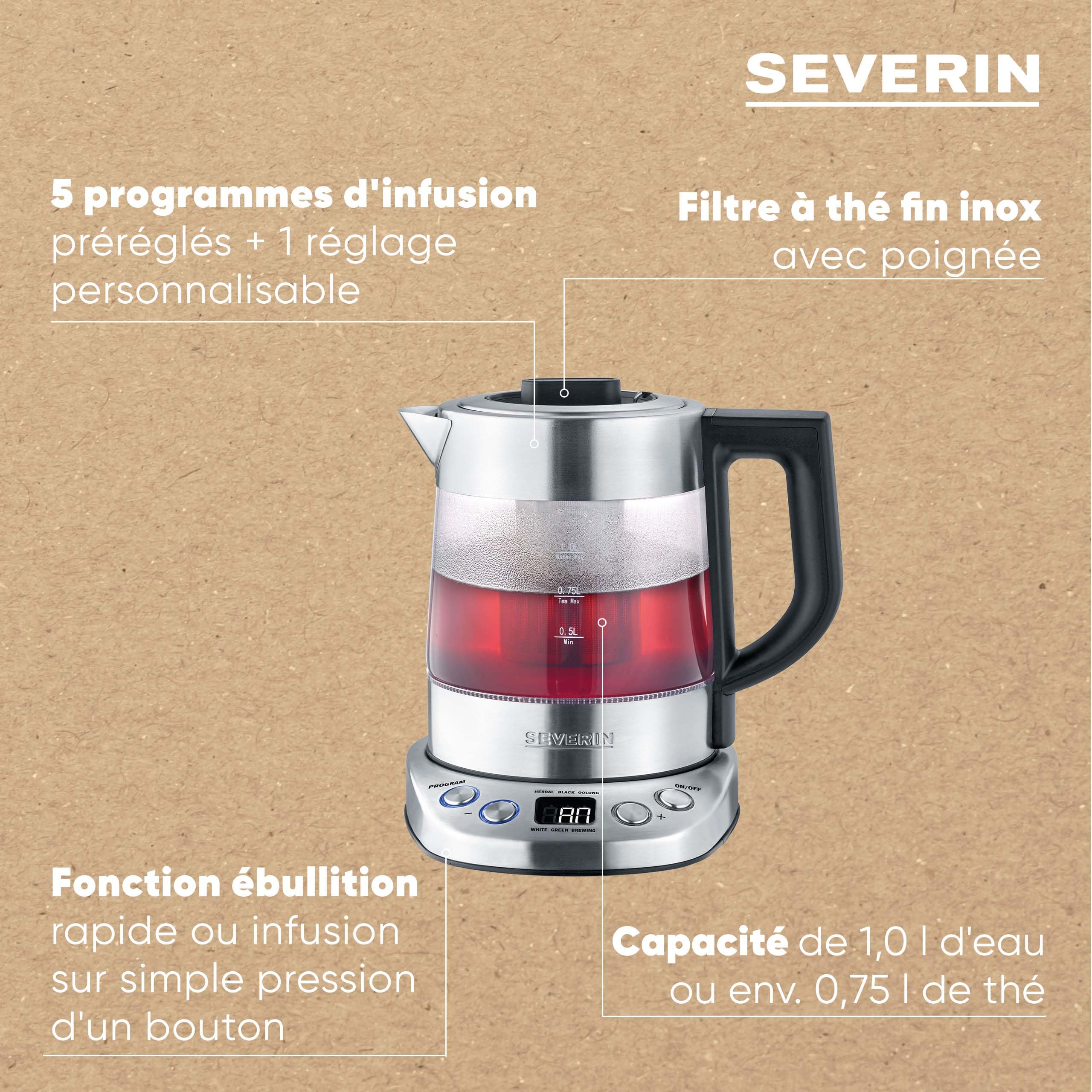 SEVERIN Bouilloire Eau et Thé, 1L, 2 200W, 5 Programmes d'Infusion Préréglés, Température et Temps Réglables, Verre/Inox, WK 3473
