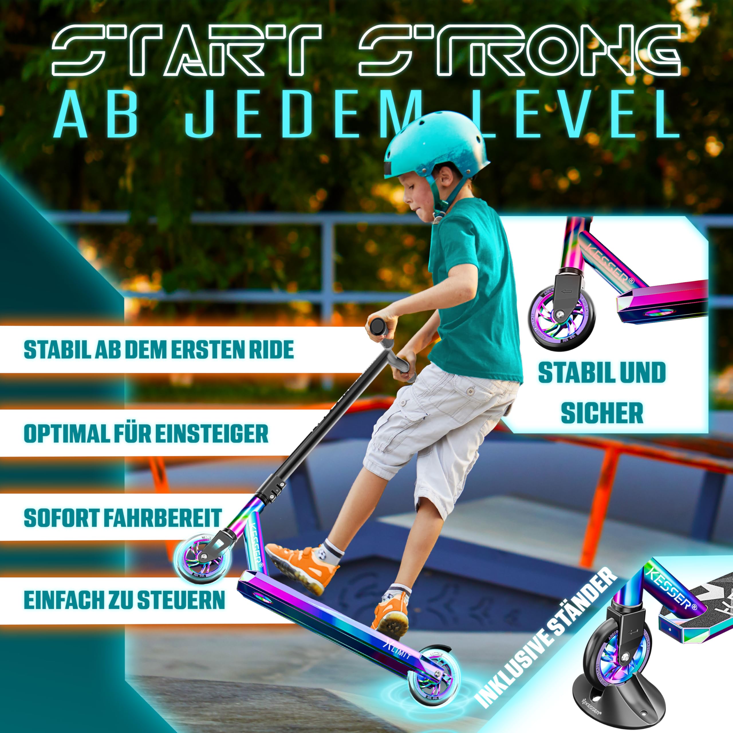KESSER® Trottinette Stunt X-Limit - Direction à 360° - Robuste - Avec roulements à billes ABEC 9 - Roues PU 100 mm - Trottinette de ville, d'acrobatie - Pour enfants et adultes